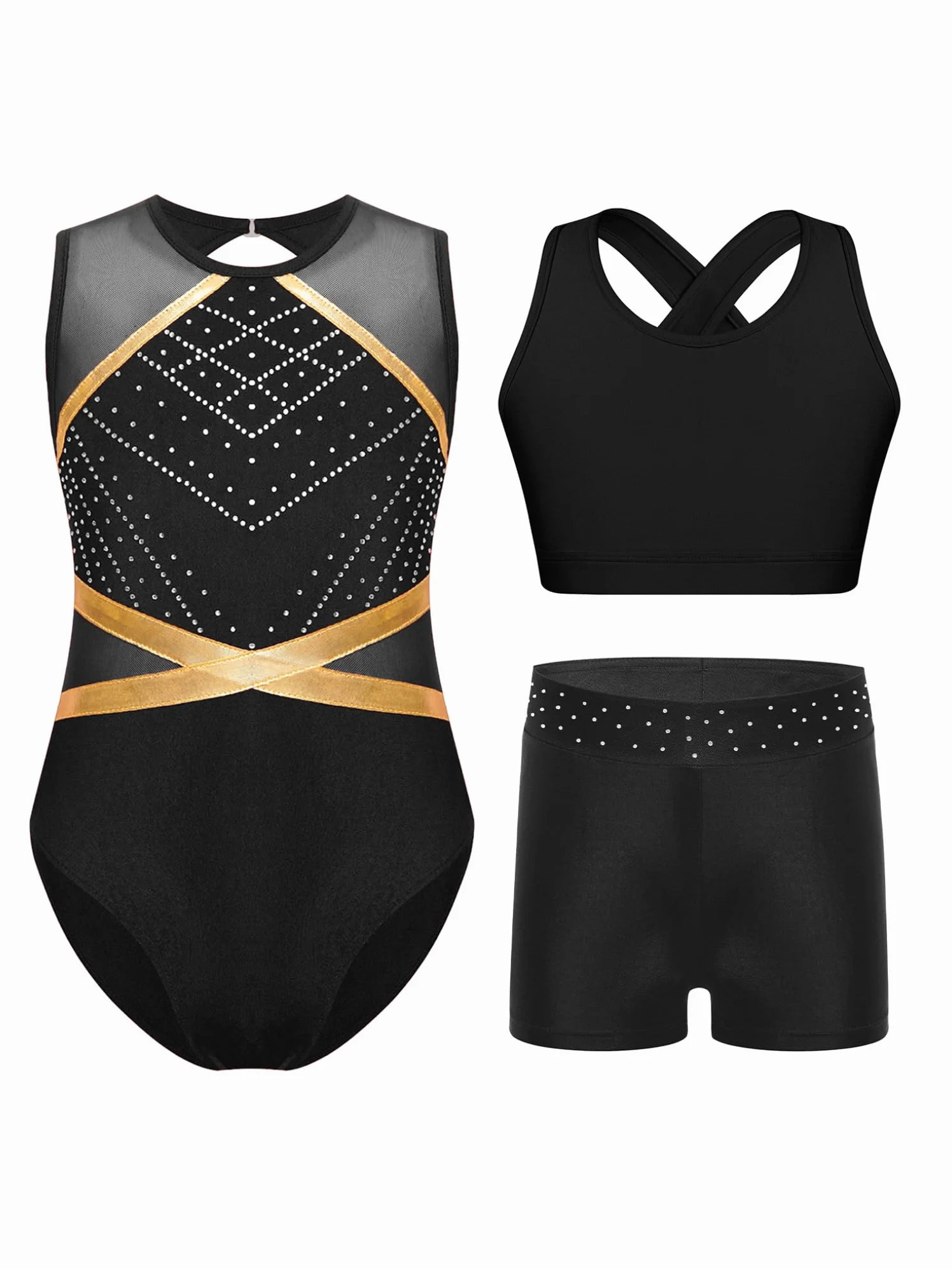 Oyolan Justaucorps Gymnastique Fille 3 Pièces avec Short Débardeur Tenue Danse Patinage