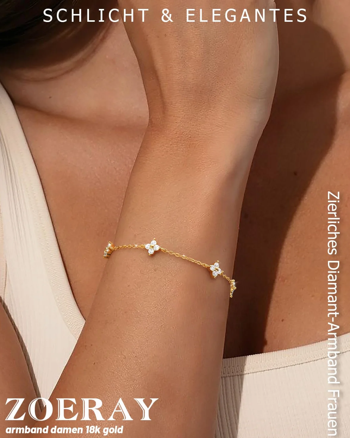Bracelet Femme Argent 925 Plaqué Or 18K Zircon Cubique Trèfle 4 Feuilles Réglable