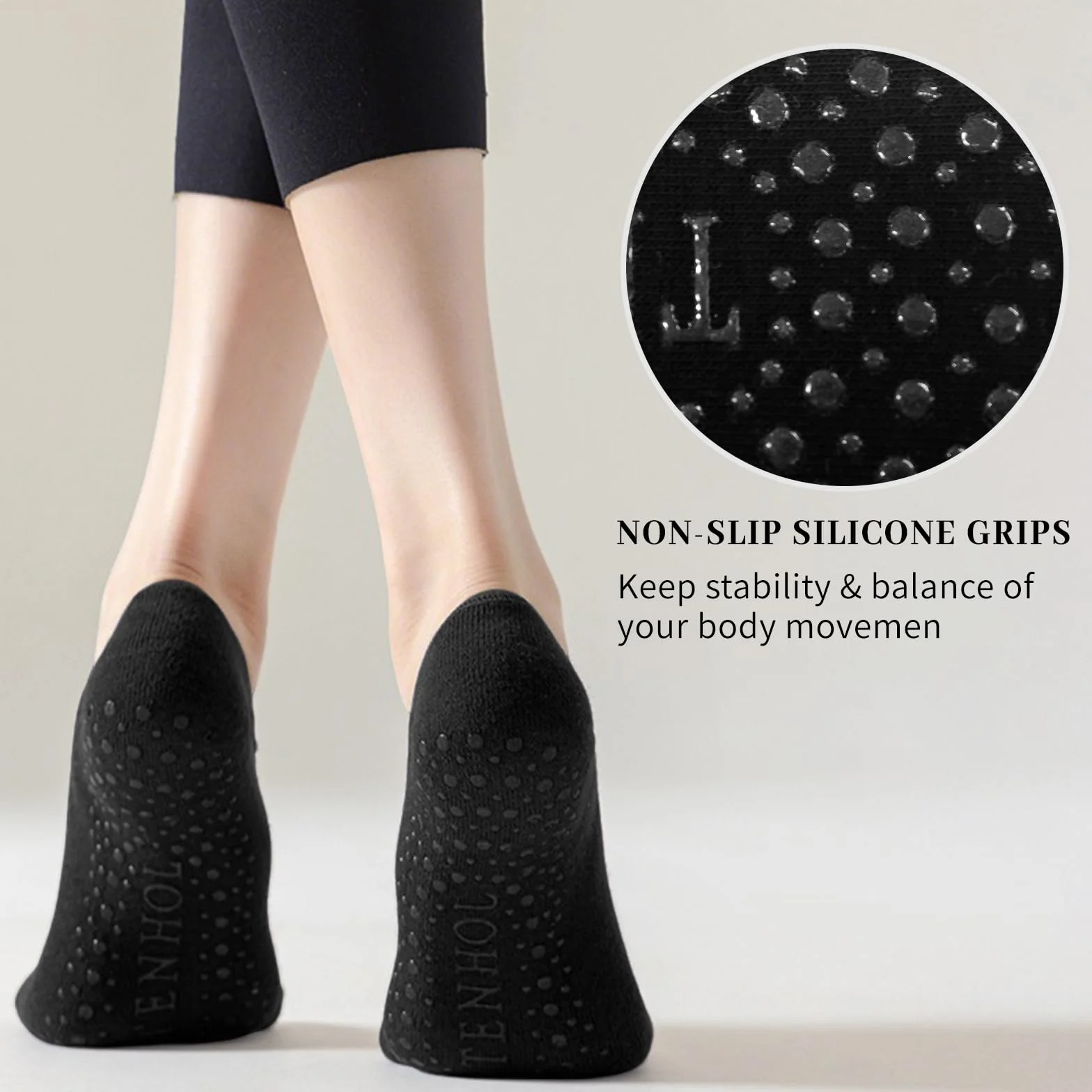 Chaussettes Antidérapantes Femme Pilates Coton Respirant avec Poignées Sangles pour Yoga Barre Ballet Danse Entraînement