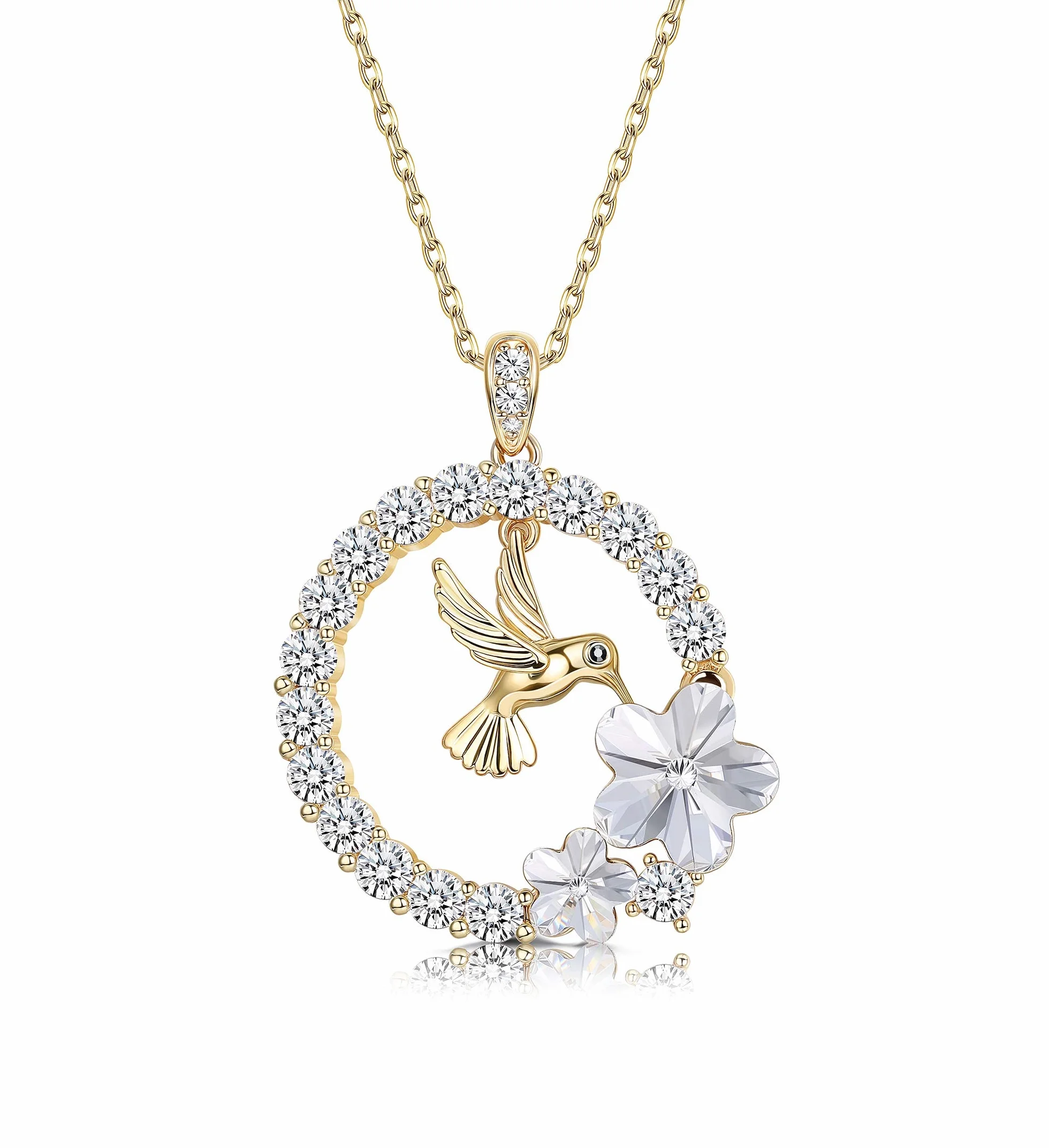 Collier Pendentif Colibri Plaqué Or 18 Carats pour Femmes Argent Cristal Bijoux