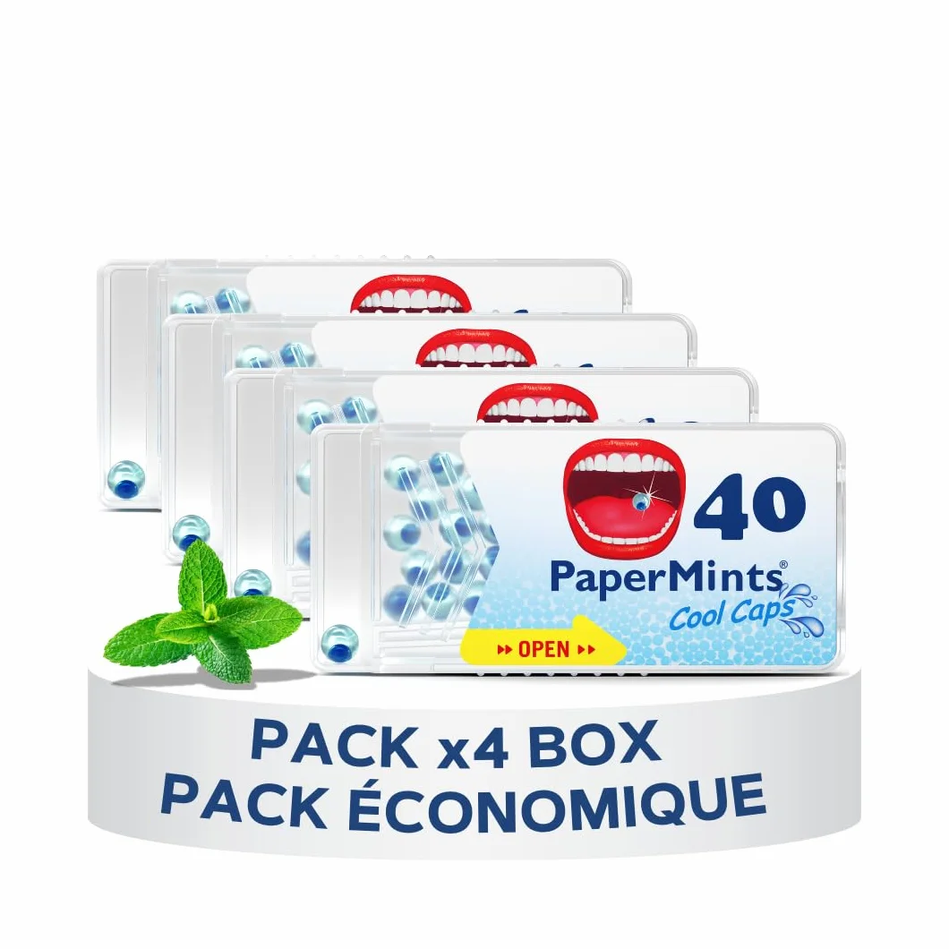 PAPERMINTS - Billes à la Menthe pour une haleine fraiche et durable - Combat la mauvaise haleine - Bonbon menthol sans sucre ni alcool - Petit format - Pack de 4 boites- 160 billes