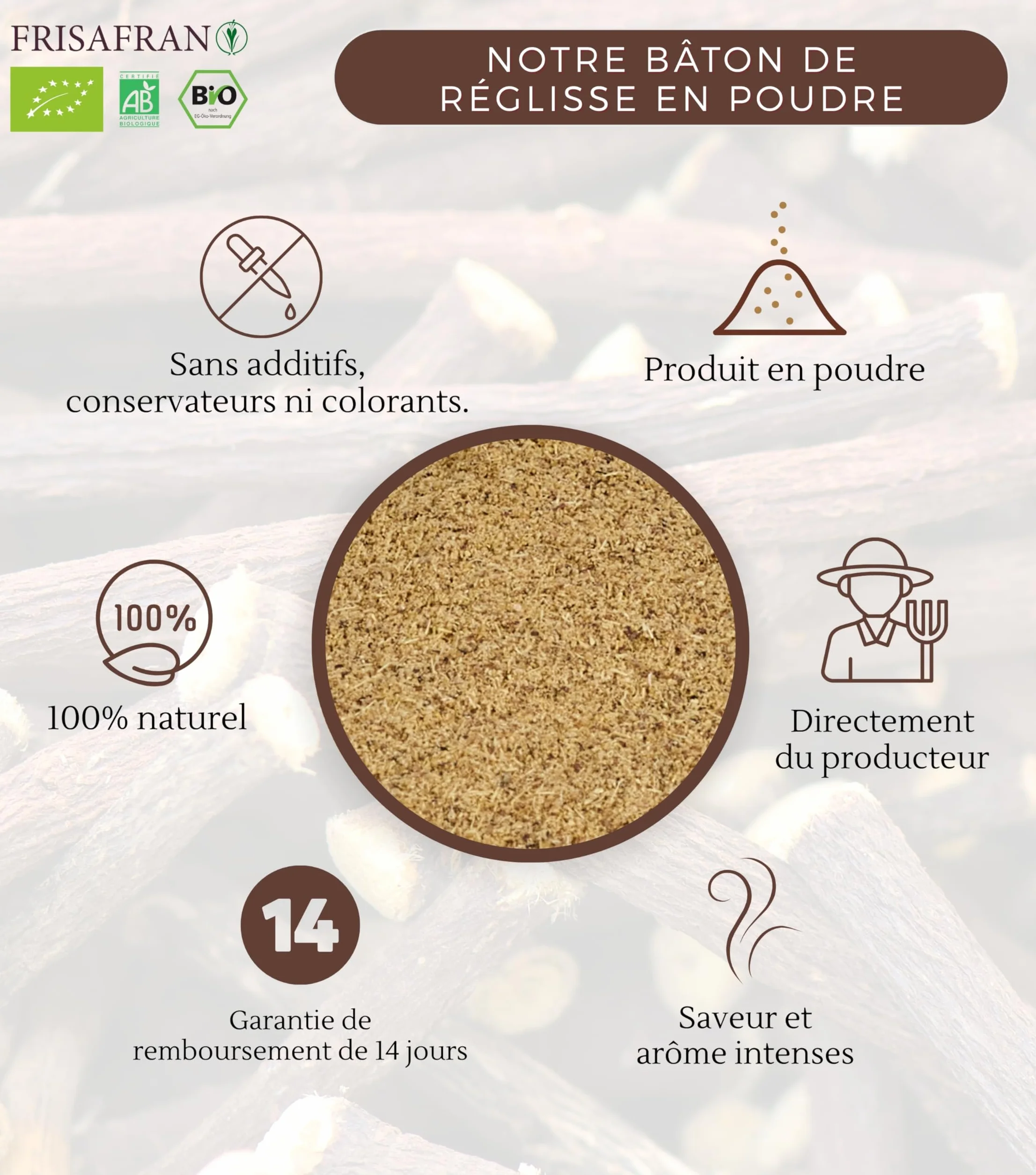 Bâton de Réglisse POUDRE 500g Biologique Cultivé Navarre