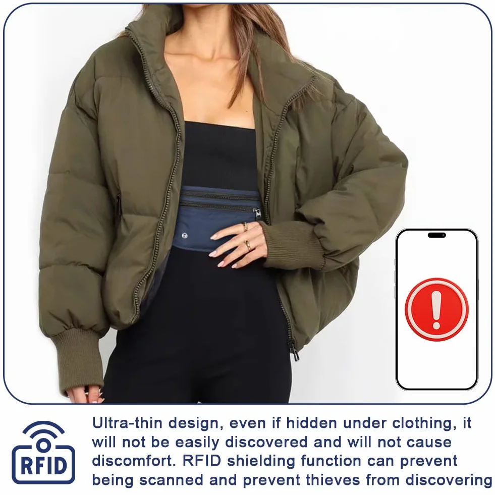 Sac Banane de Voyage RFID Blocage Antivol Ultra Fin pour Homme Femme Ceinture de Sécurité Invisible Réglable