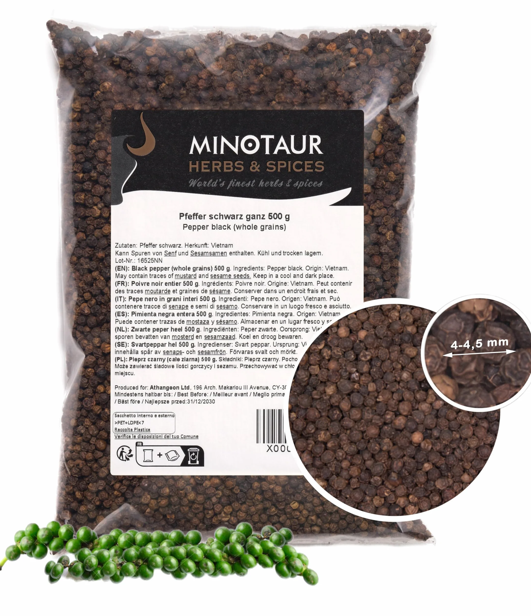 Minotaur Spices | Poivre noir, Poivre en grains entier, 2 x 500 g (1 kg)