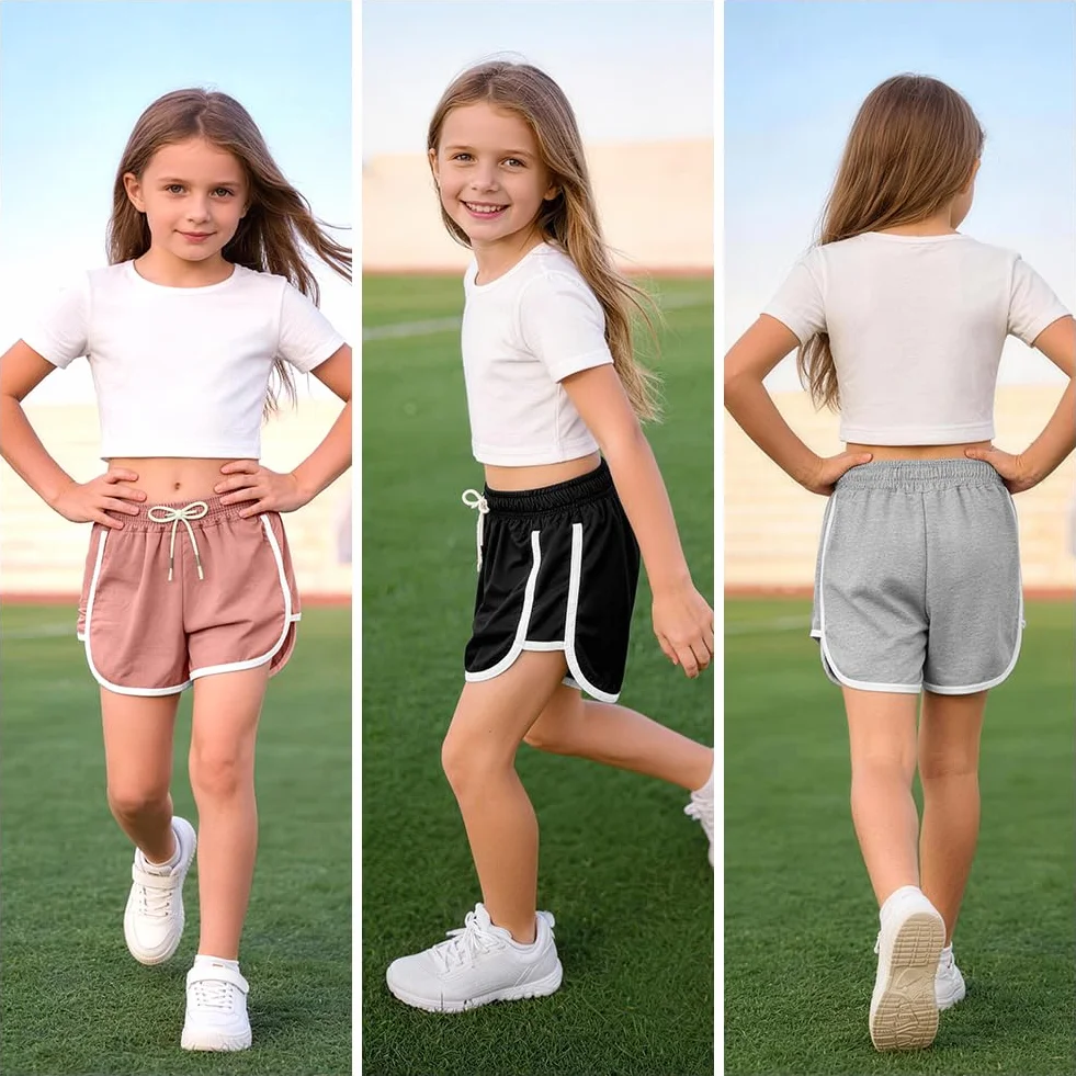 Short de Sport Fille DiULi en Coton Élastique Respirant pour Course à Pied, Taille Haute avec Cordons, 2PCS Noir + Rose