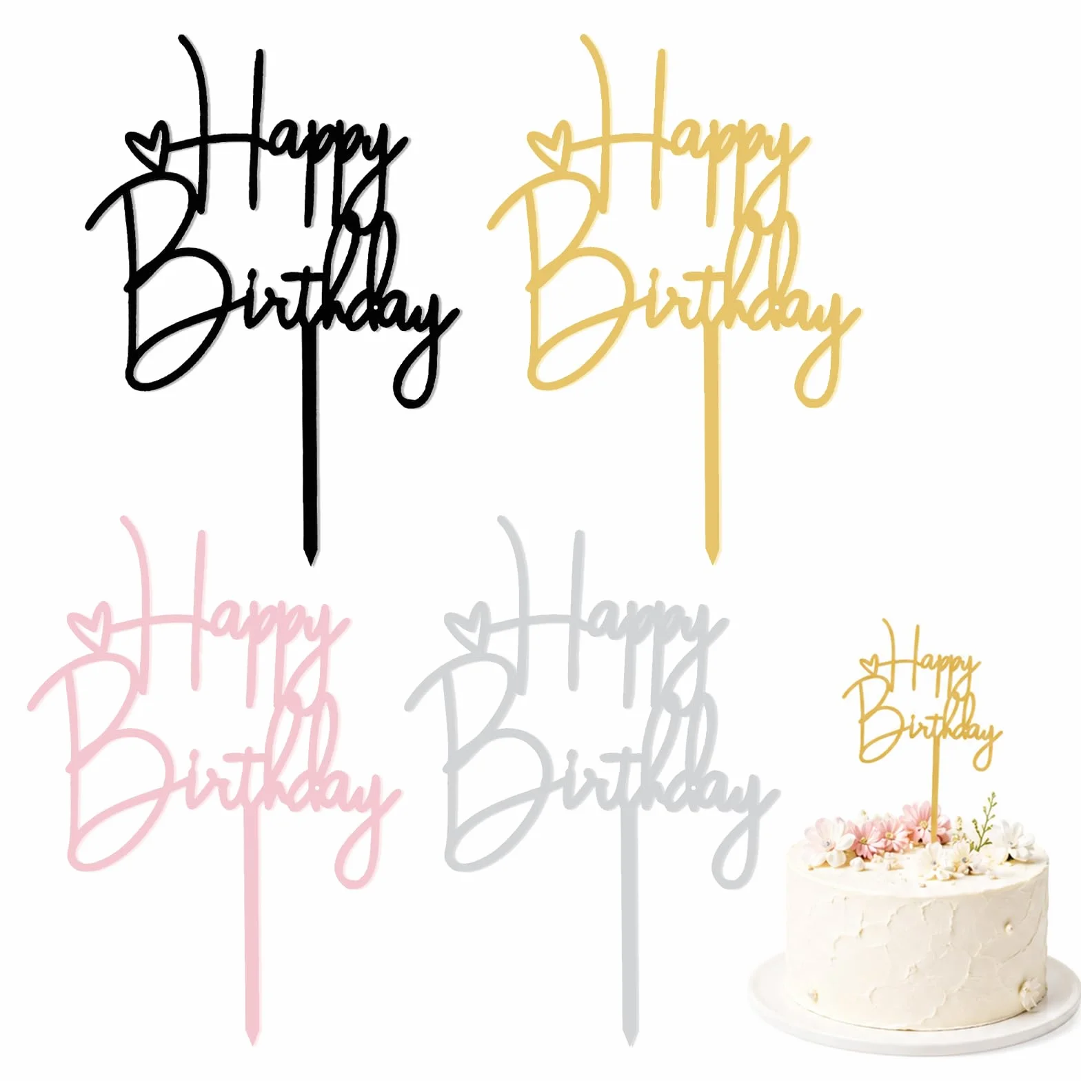 4 Pièces Topper Happy Birthday Decoration Gateau Acrylique Réutilisable,Joyeux Anniversaire Decoration Gateau,Décorations de Gâteau « Happy Birthday » pour Décoration de Gâteau de Fête D'Anniversaire
