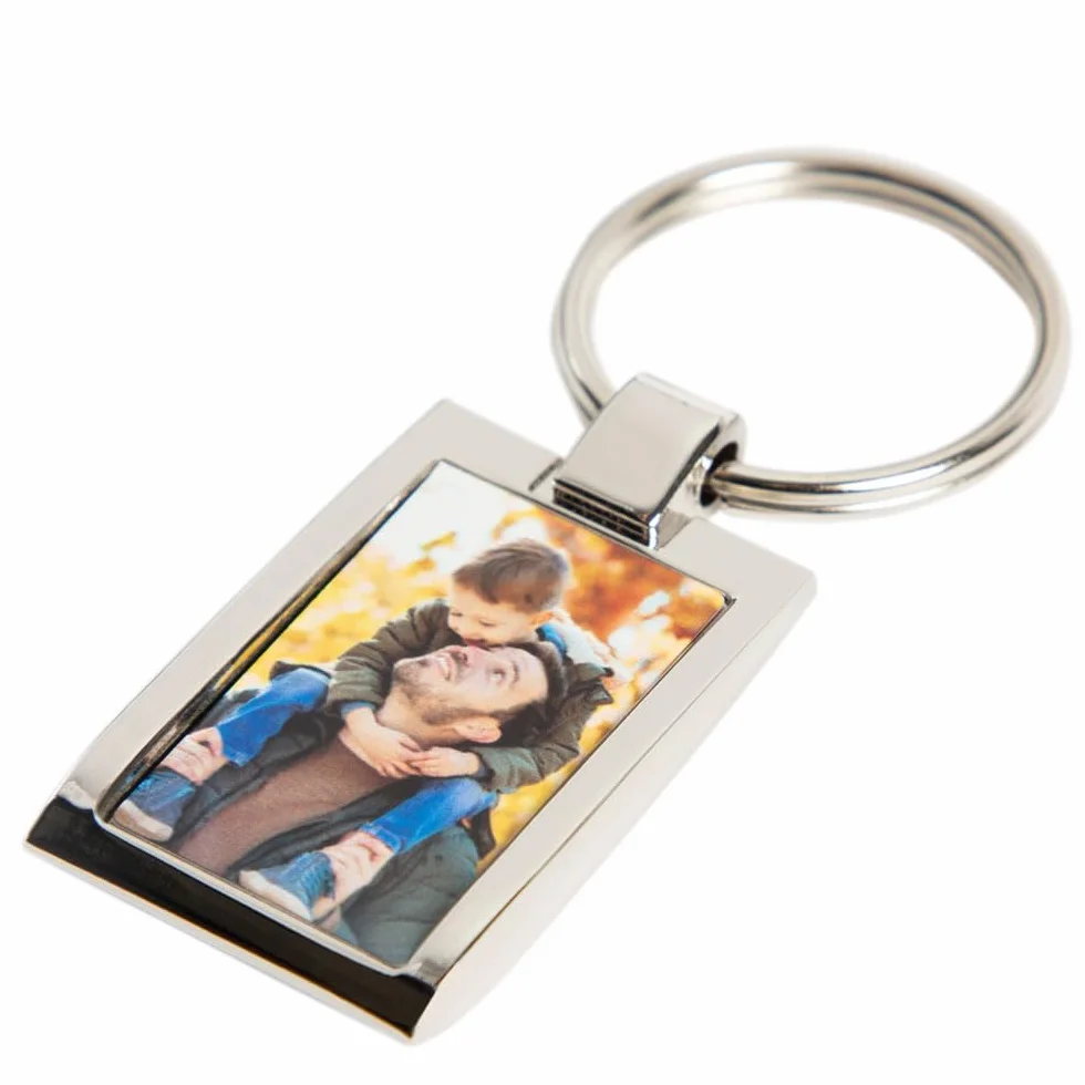 Porte-Clef Métal Argenté Rectangle avec Photo Imprimée Recto Verso Personnalisé Cadeau Homme