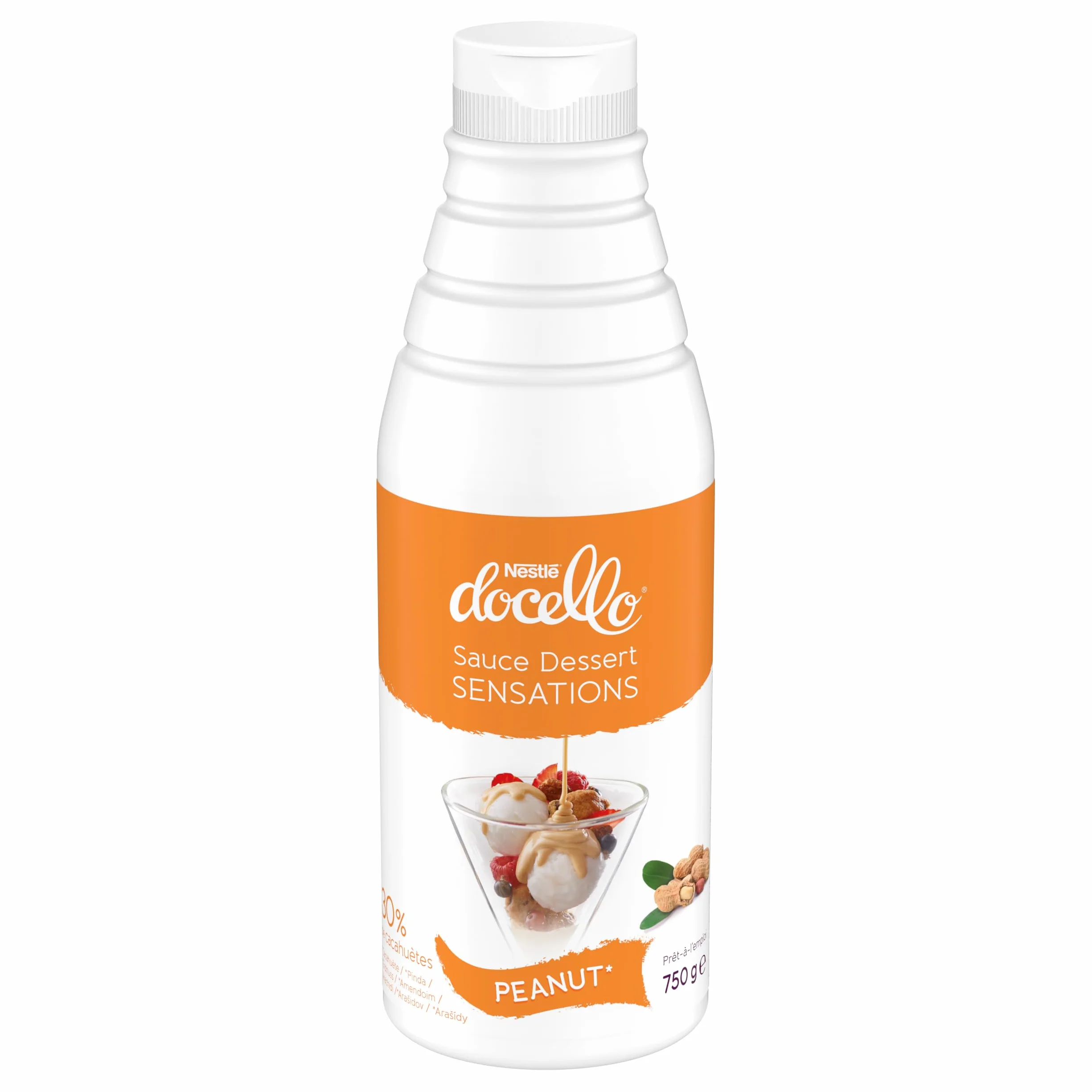 NESTLÉ DOCELLO Sauce Sensation Peanut - Sauce Dessert Cacahuète - Forte Teneur en Cacahuète (30%) - Aide à la Pâtisserie, Topping, Nappage Gâteau, Coulis - Bouteille Squeeze - 750g