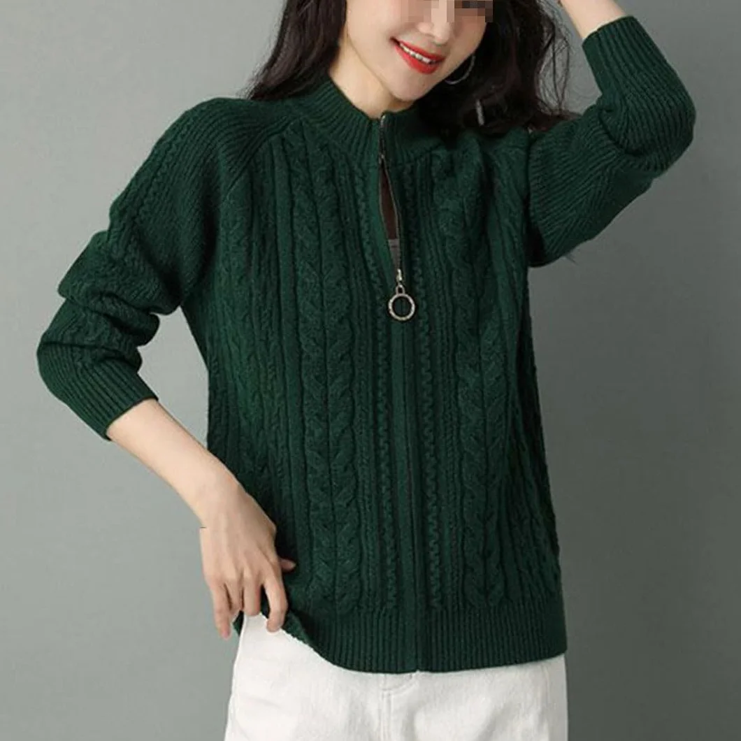 Cardigan Tricoté Femmes Demi-Col Haut Fermeture Éclair Manches Longues