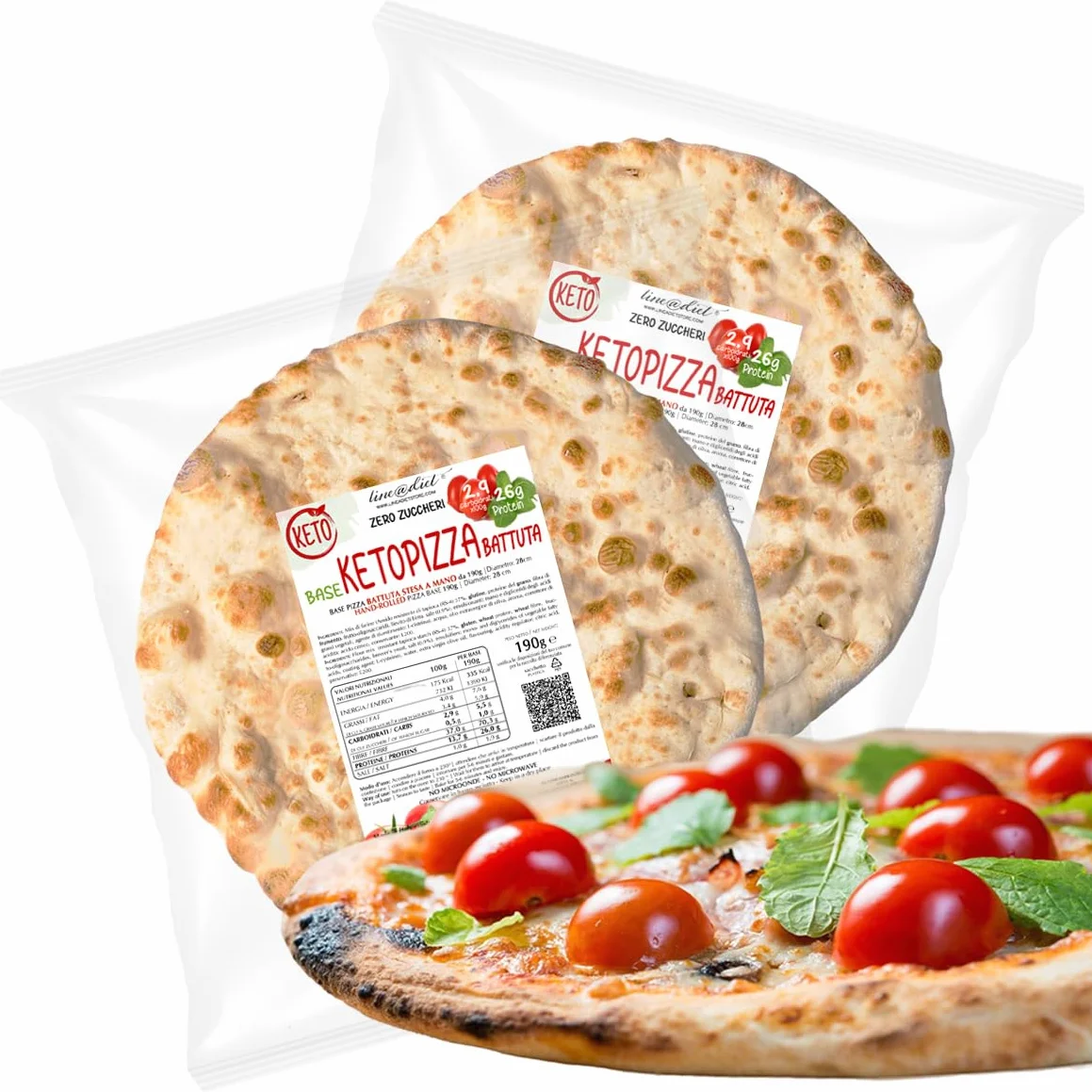 2 fonds de pizza keto Line@diet | 2 paquets de fonds de pizza sans sucre de 190 g, riches en protéines et en fibres | étalés à la main en Italie