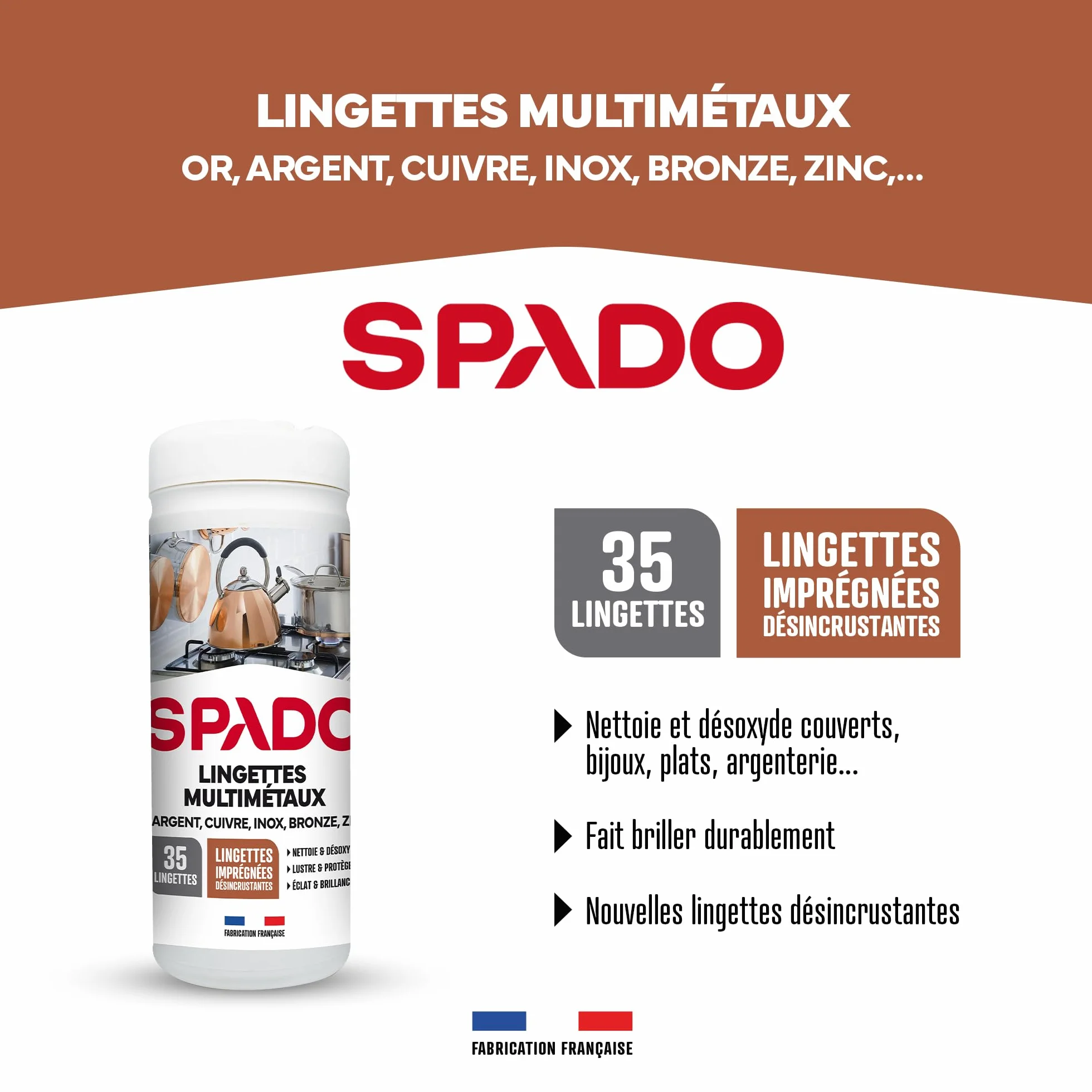 SPADO - Lingettes multi métaux - Nettoie et désoxyde couverts, bijoux, plats et argenterie - Fait briller - Lingette désincrustantes - 35 lingettes - Fabriqué en France