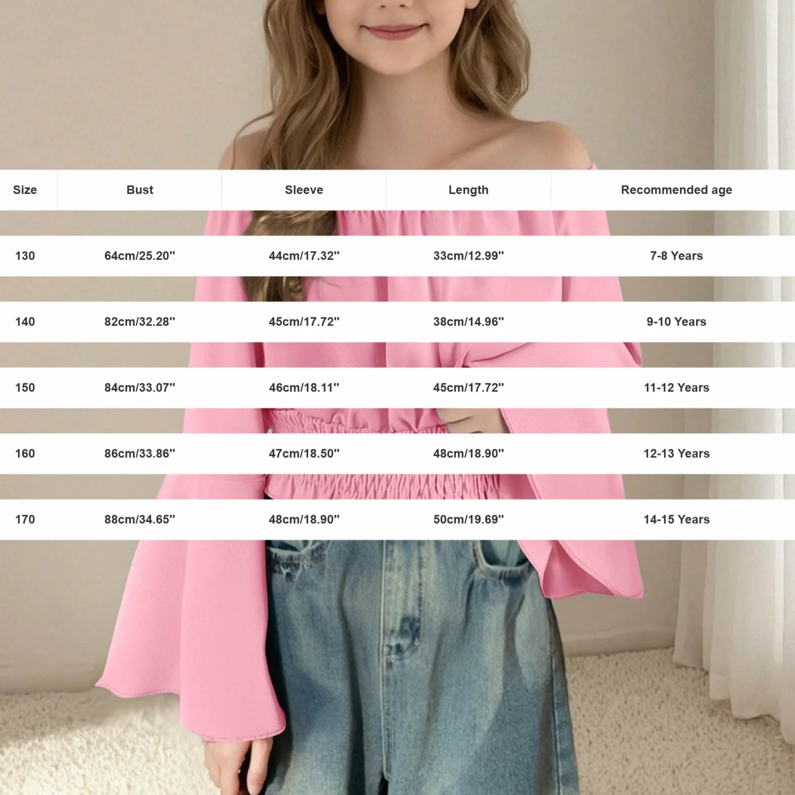 Haut Fille Épaules dénudées Manches évasées Taille élastiquée Crop Uni Décontracté pour Enfant Vêtement Fille pour Ado Haut Tendance