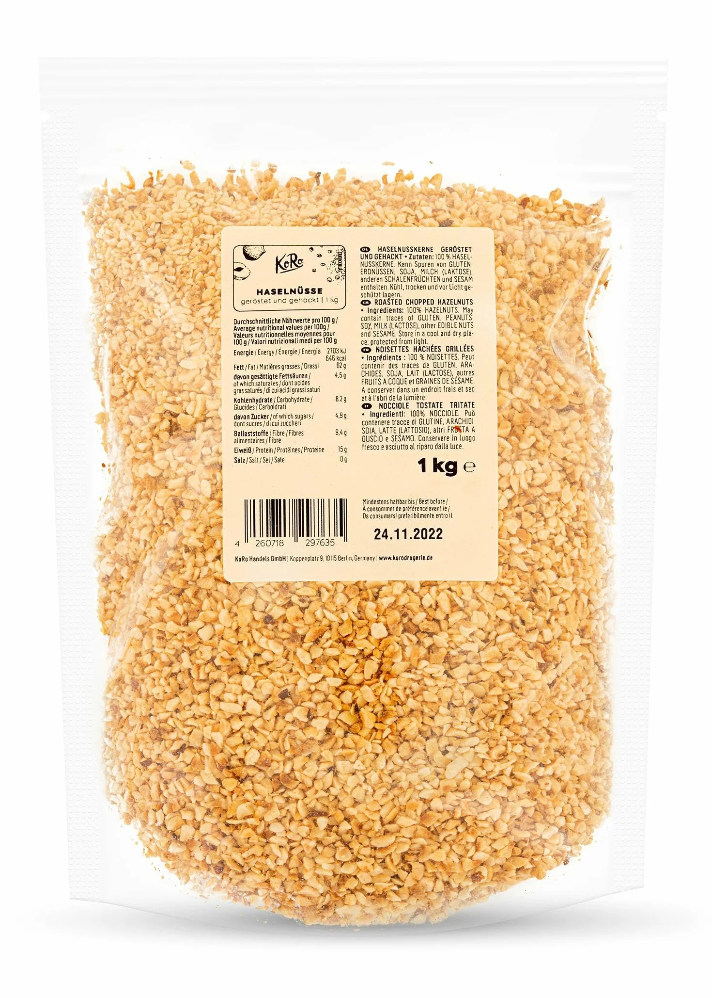 KoRo – Noisettes torréfiées et concassées 1 kg – Goût intense – Idéal pour la pâtisserie – Riche en fibres