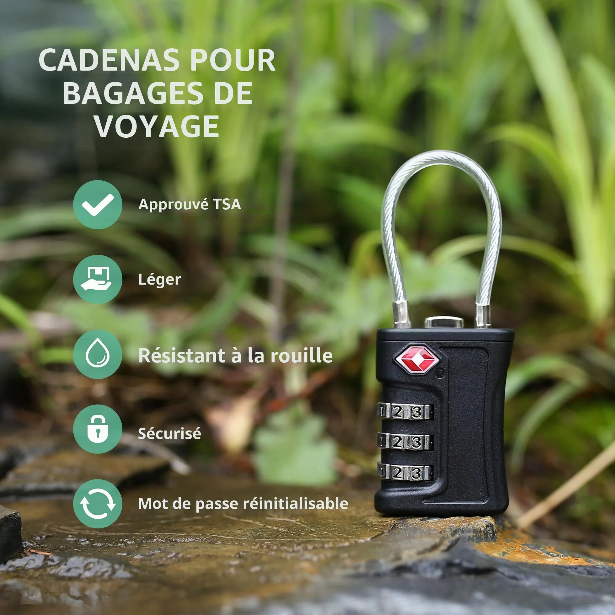 Lot de 2 cadenas à bagages TSA, cadenas à combinaison câble voyage, réinitialisable 3 chiffres, sécurité sans clé valises