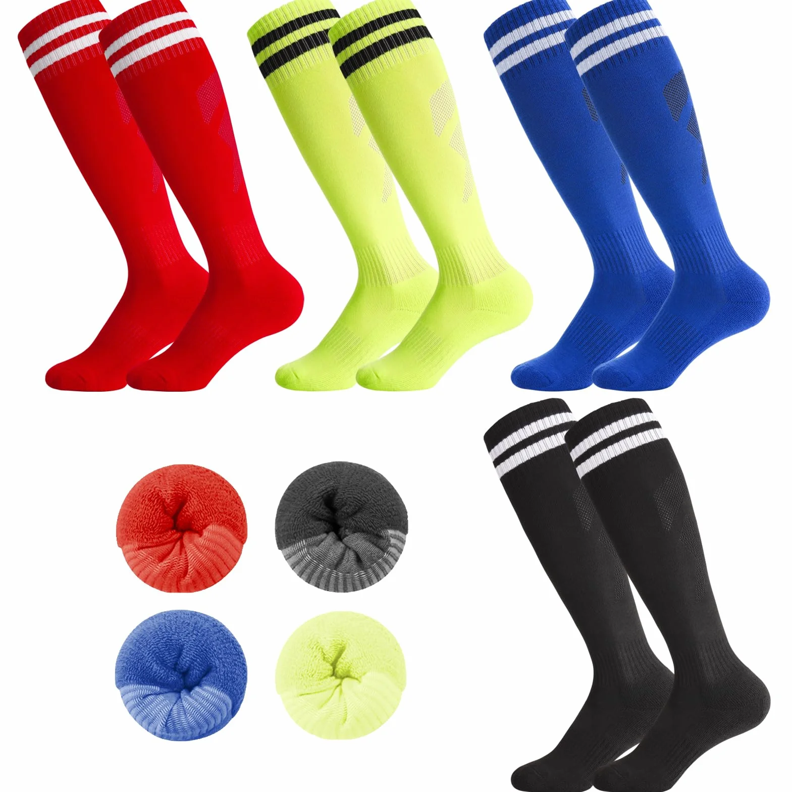 Lot de 4 paires de chaussettes de football respirantes pour enfants 5-12 ans noir bleu rouge vert