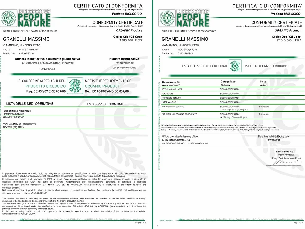 Parmigiano Reggiano AOP "bio" de Agriculture Biologique fait de 24 mois 1 forme Kg.1,350