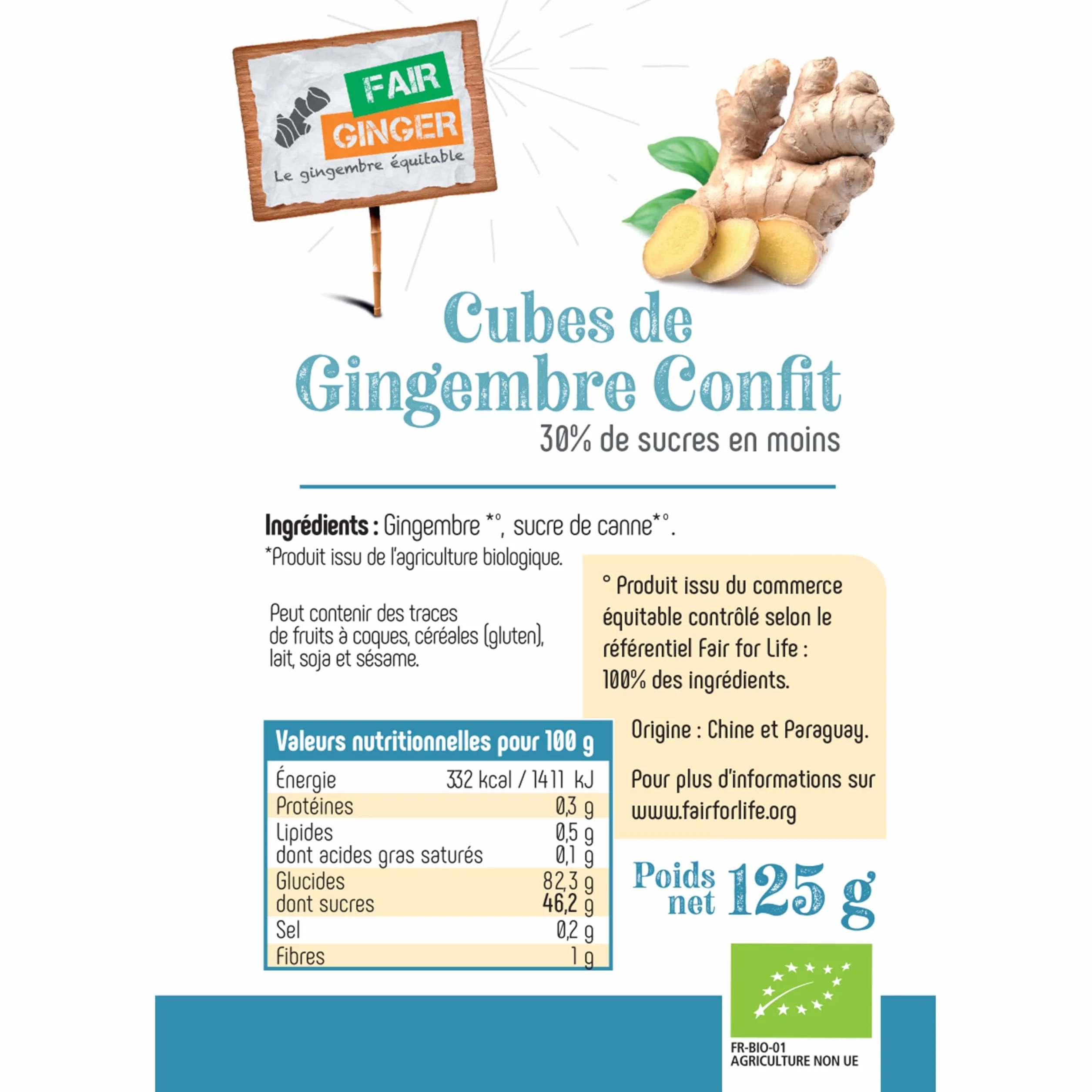 Gingembre confit allégé en sucre BIO en cubes 125G - Fair Ginger