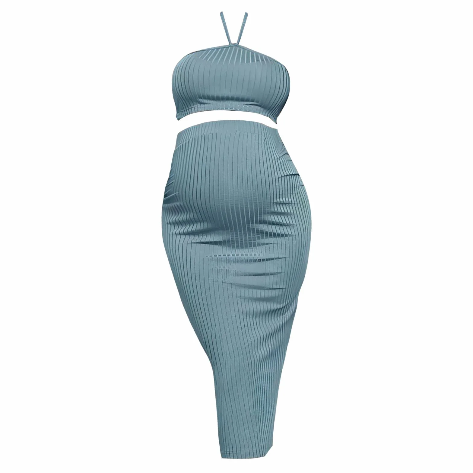 Ensemble haut côtelé à bretelles et jupe crayon femme enceinte Grande taille bleu clair S