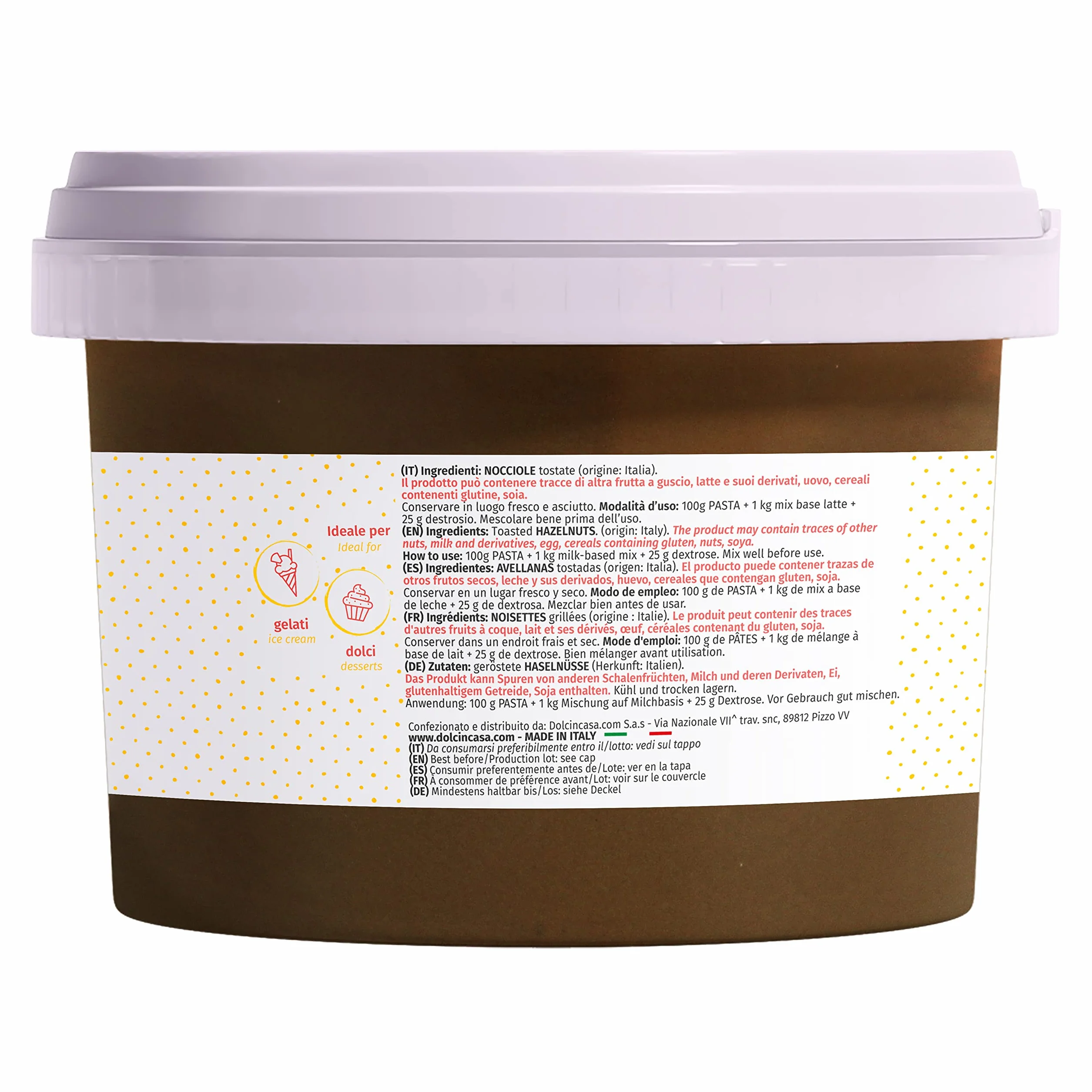 Dolcincasa-com Pâte de Noisettes Torréfiées 100% Pure Crème à Tartiner pour Glace Café et Diverses Utilisations en Confiserie Décorations Remplissages Sans Gluten sans Epaississants 500 Grammes
