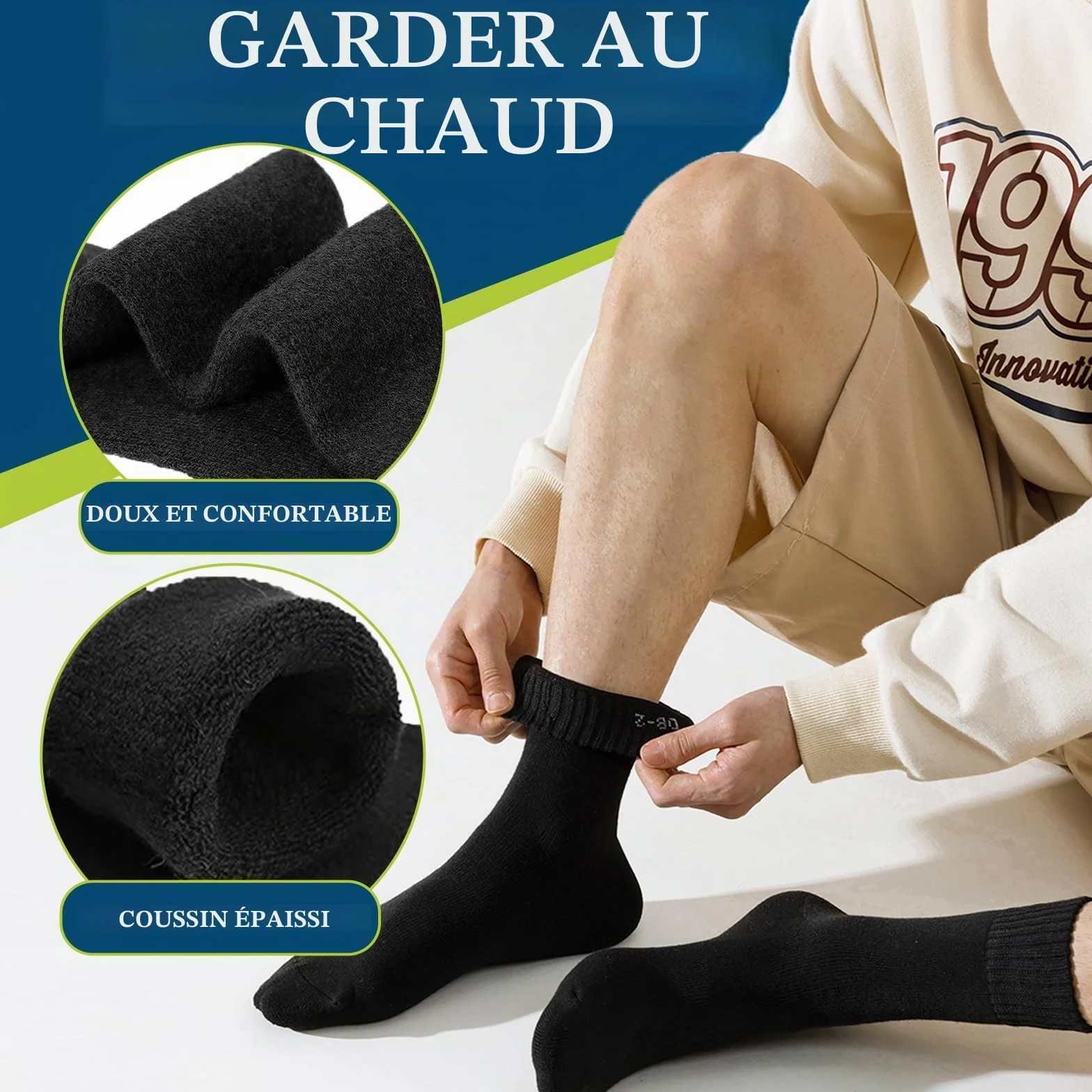 Josnown Chaussettes Chaudes Homme Hiver Thermiques Laine Semelles Épaisses Tissu Éponge Randonnée 5 Paires Taille 39-45