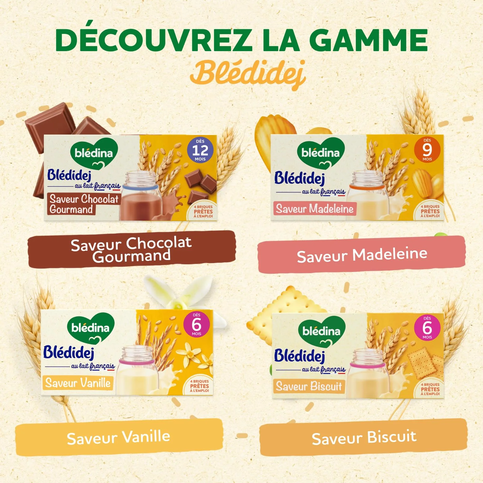 Blédina Blédidej Céréales bébé Biscuité Saveur Vanille Dès 12 Mois Lait bébé petit-déjeuner Calcium Vitamine C Fer Oméga 3 Format Pratique 12x250 mL