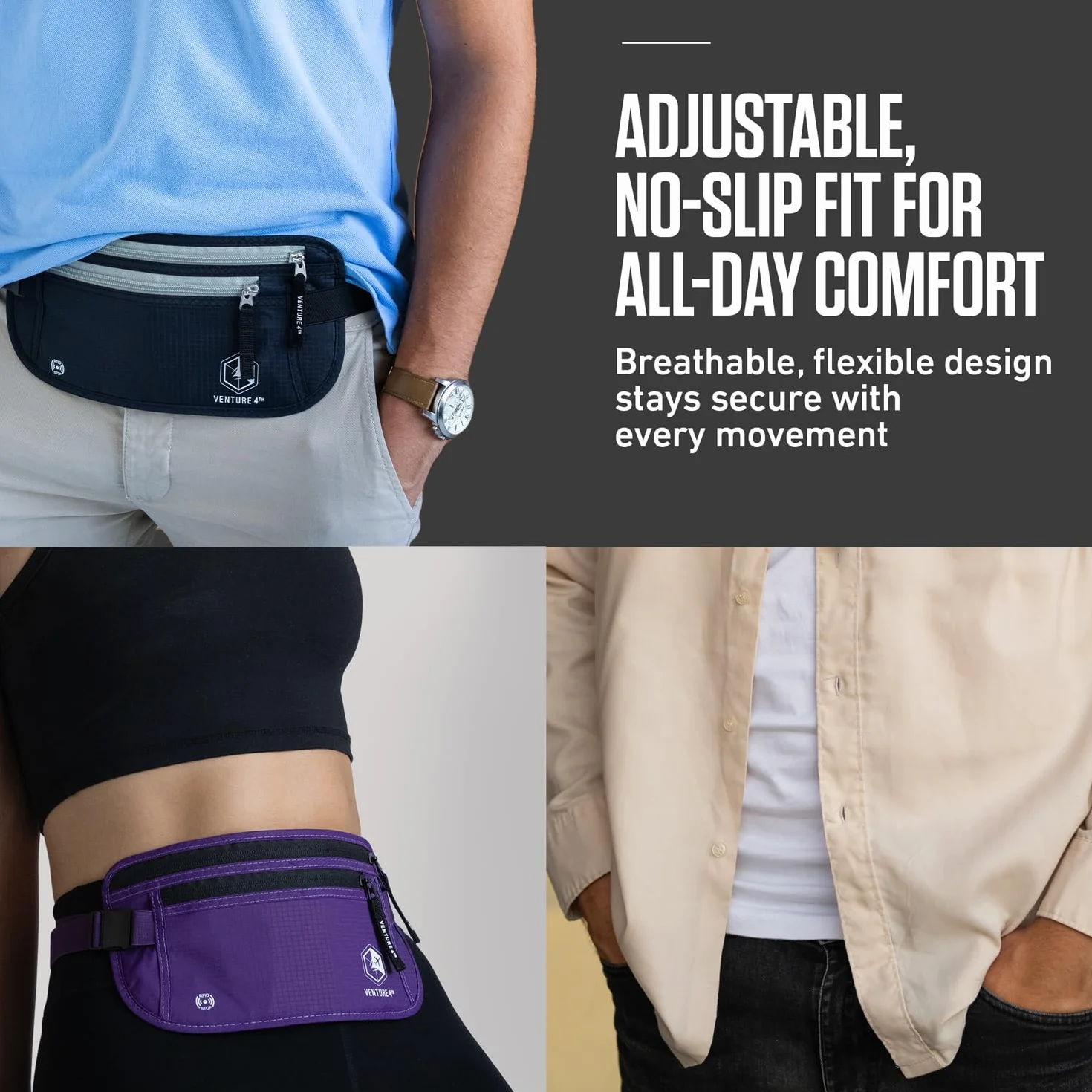 Venture4th Ceinture Portefeuille de Voyage Sécurité RFID Cachée Taille Noir