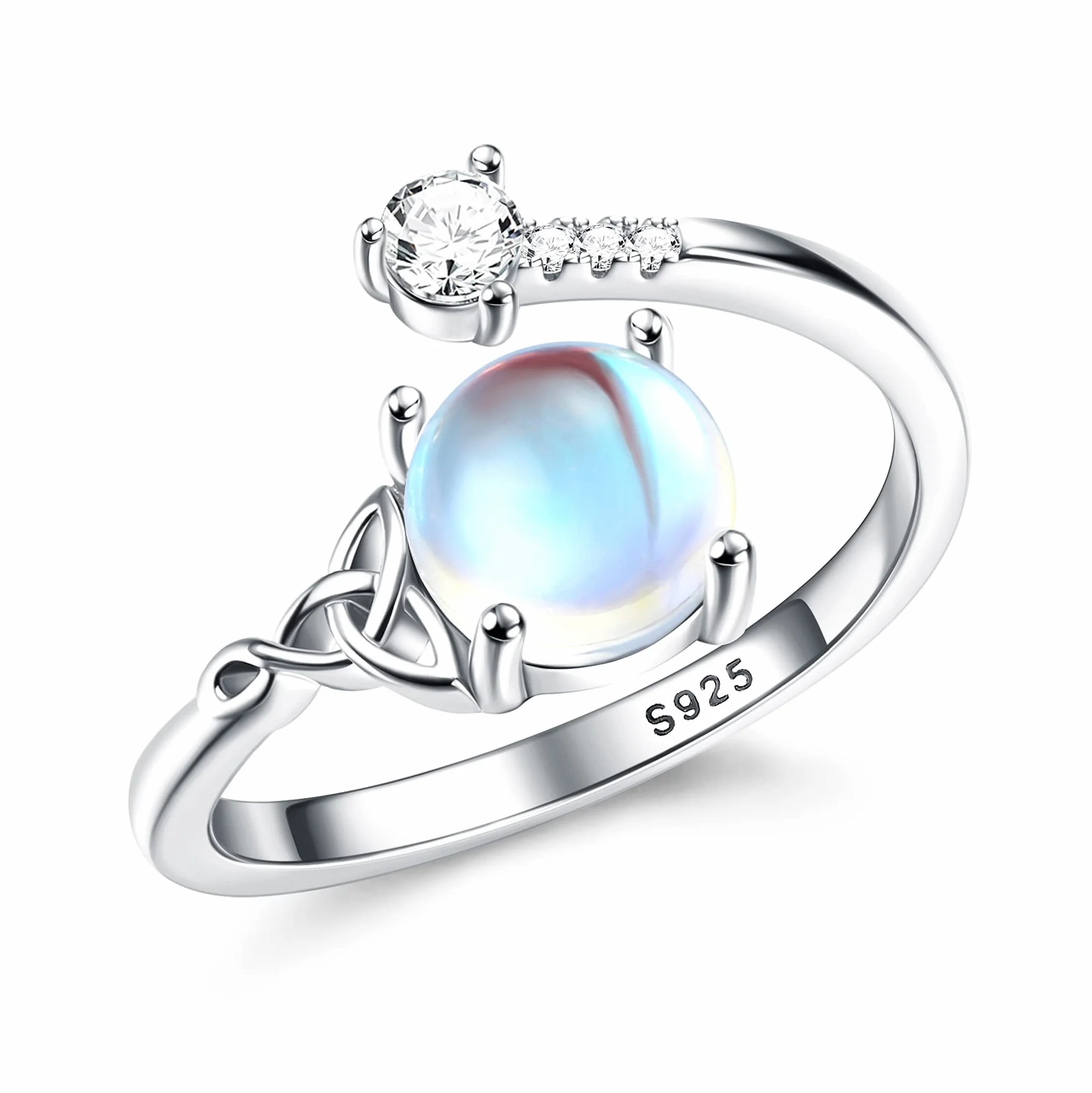 Bague Pierre De Lune Argent 925 Ajustable Triangle Celtique Zirconium Ovale Rond Coeur Pour Femme