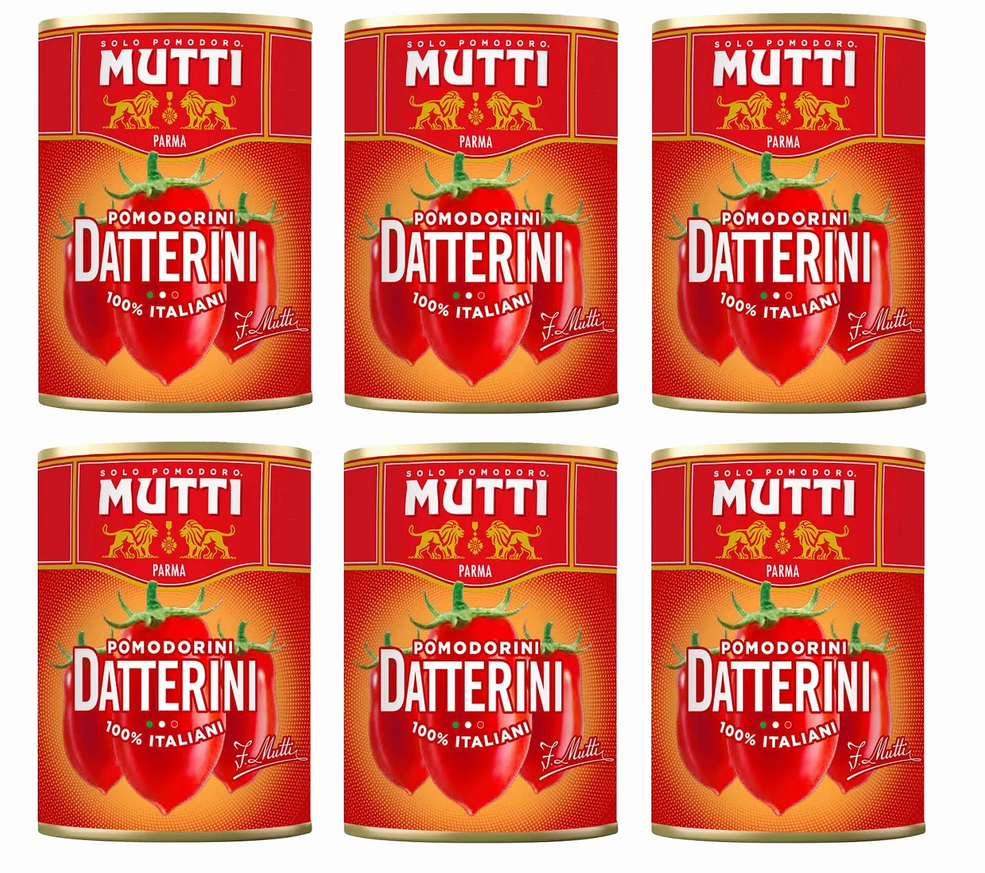 Mutti Pomodorini Datterini Datterini Lot de 6 boîtes de sauce italienne pour tomates cerises au goût sucré Forme allongée 400 g