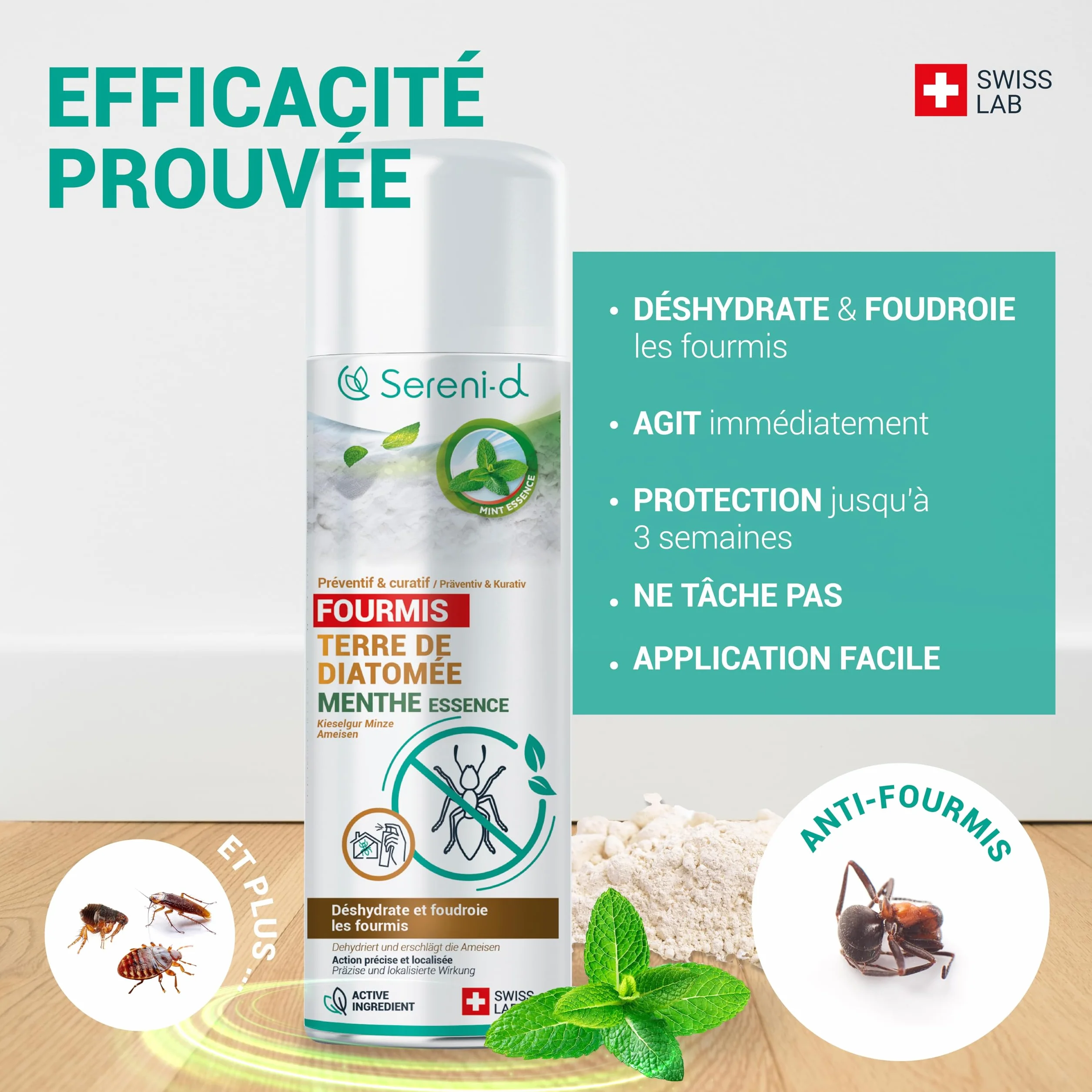 TERRE DE DIATOMÉE MENTHE FOURMIS– EFFICACITÉ FOUDROYANTE – 100% d'ORIGINE NATURELLE - Action IMMÉDIATE et EFFICACE - Swiss Lab