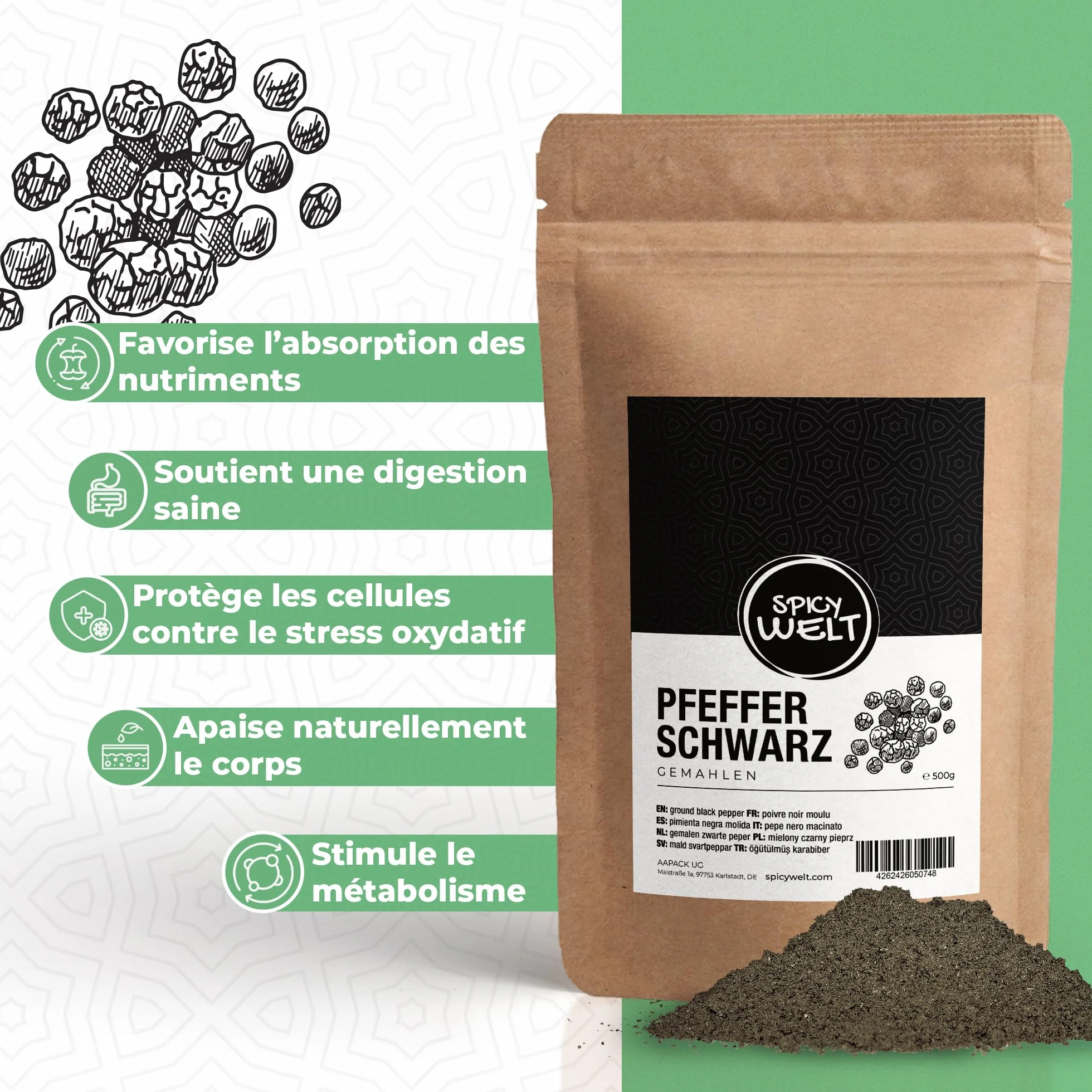 Spicy Welt Poivre Noir Moulu (1kg) – Poivre en Poudre Puissant | Idéal Steaks, Sauces & Plats Mijotés | Saveur Corsée | 100% Naturel, Sans Additifs