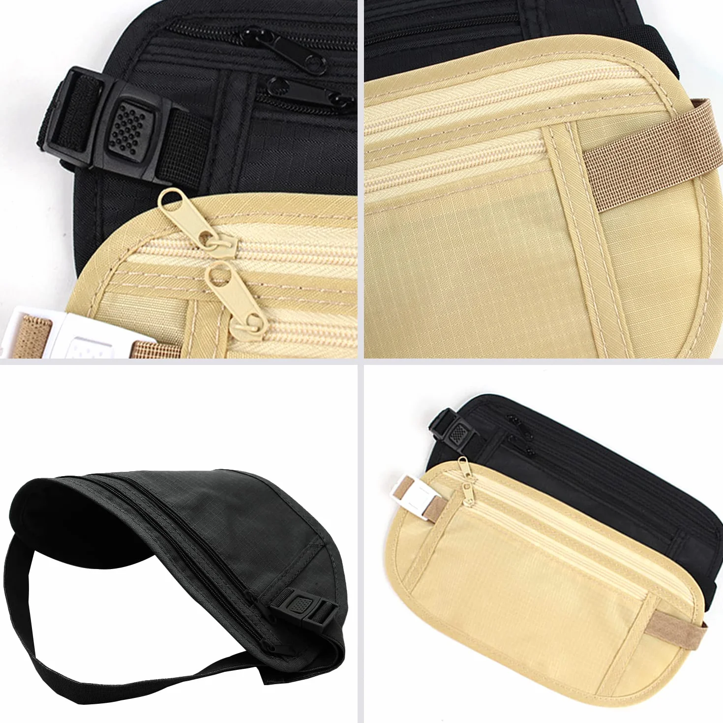 Ceinture d'argent dissimulée antivol 2 pièces réglable étanche sport voyage téléphone espèces Beige Noir
