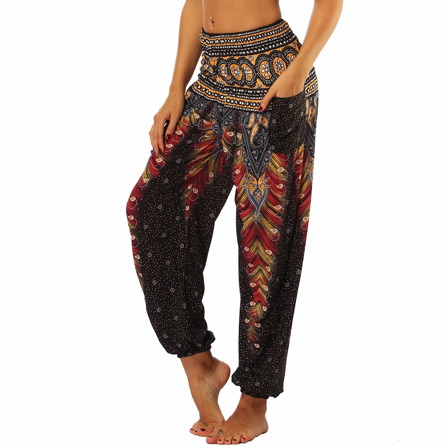 Nuofengkudu Femme Harem Pantalon Yoga Sarouel Baggy Taille Haute avec Poches Été
