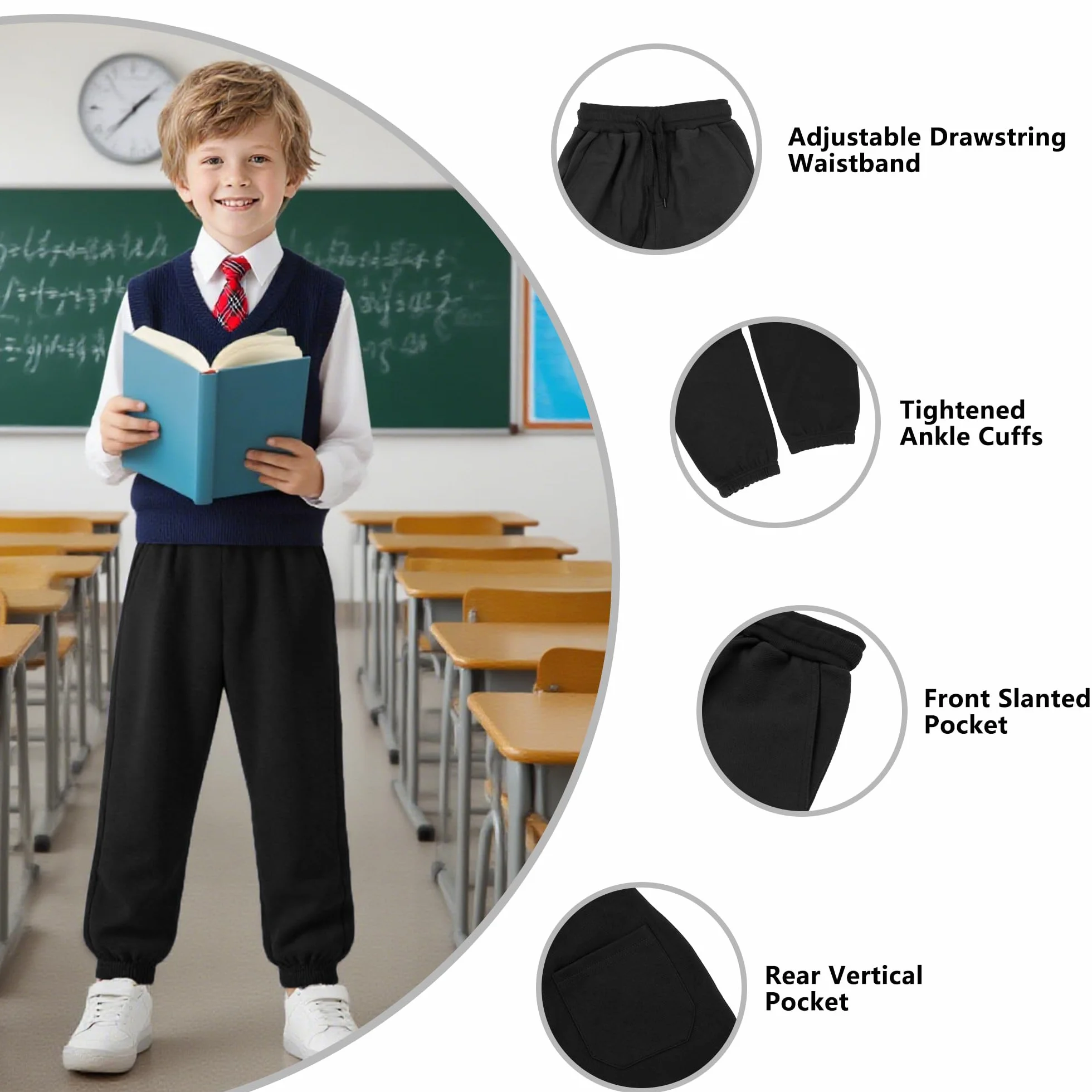 Pantalon de Jogging Garçon Taille Élastique Cordon de Serrage Poches Survêtement Confortable Doux Pantalon de Sport Enfants 6-14 Ans