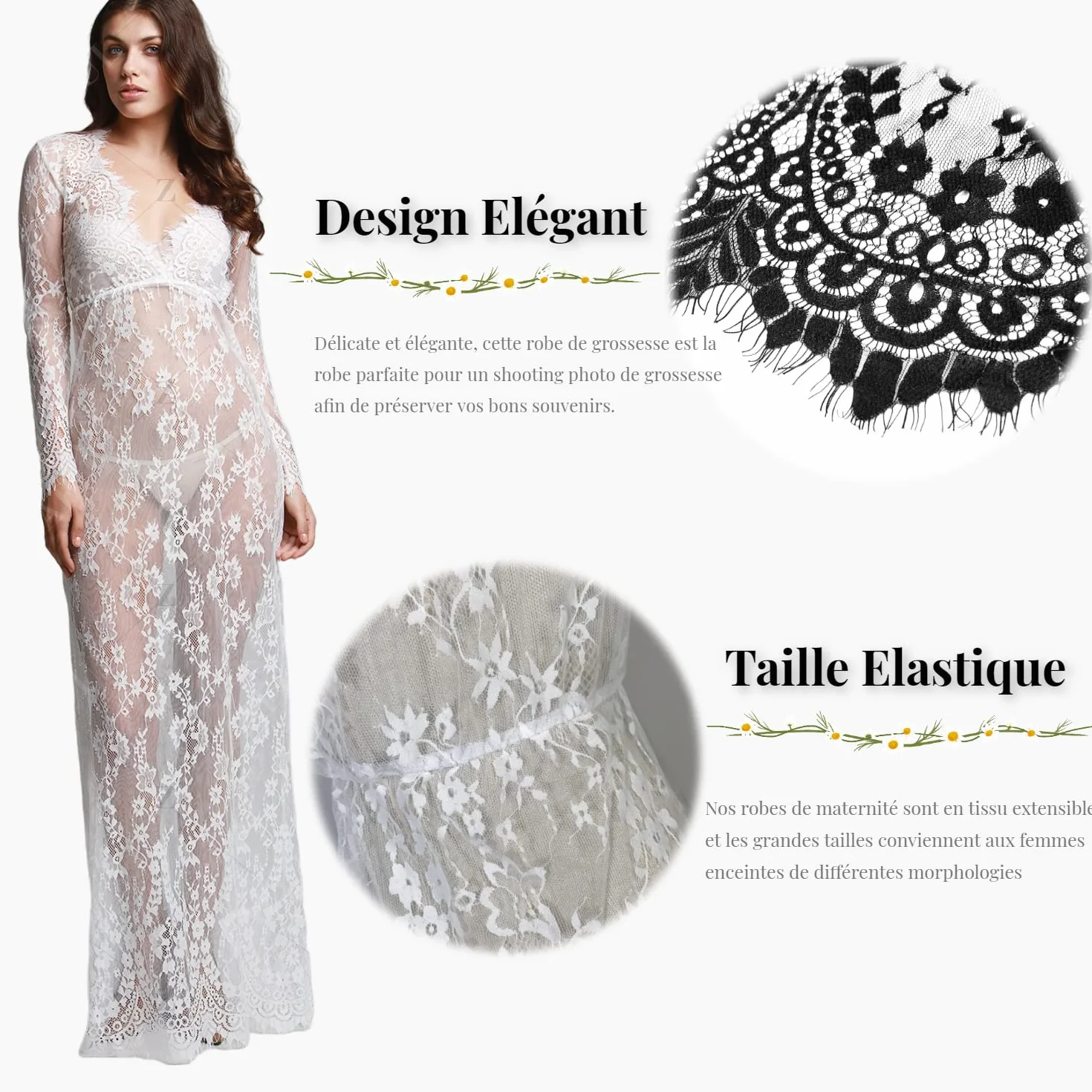 Robe Maxi Femme Enceinte Dentelle Col-V Manche Longue Photographie