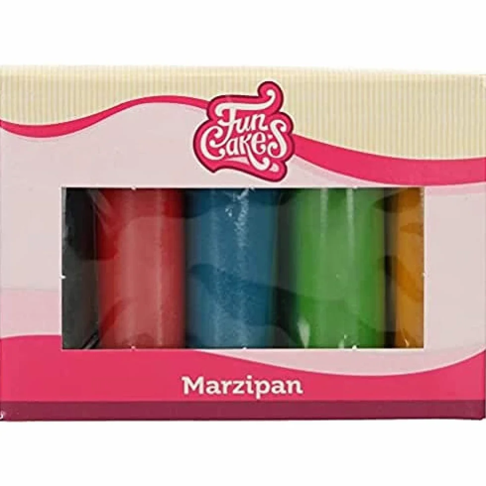 FunCakes Pâte d’amande Multipack Couleurs essentielle: in et ferme, parfait pour la décoration de gâteaux. Sans halal, casher et sans gluten. 5 couleurs: jaune, vert, bleu, rouge, noir. 5 x 100 g