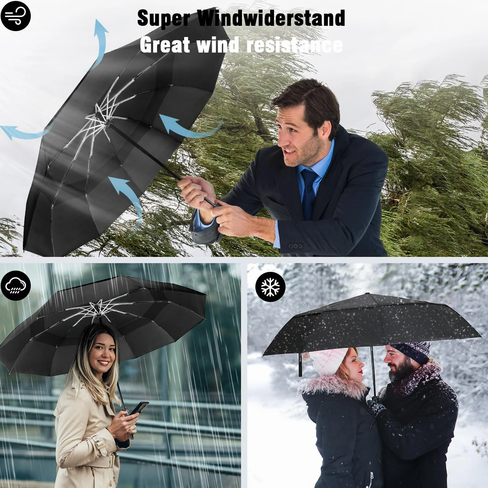 Parapluie Automatique Résistant au Vent Double Toit Léger Aluminium 10 Baleines Compact 102cm