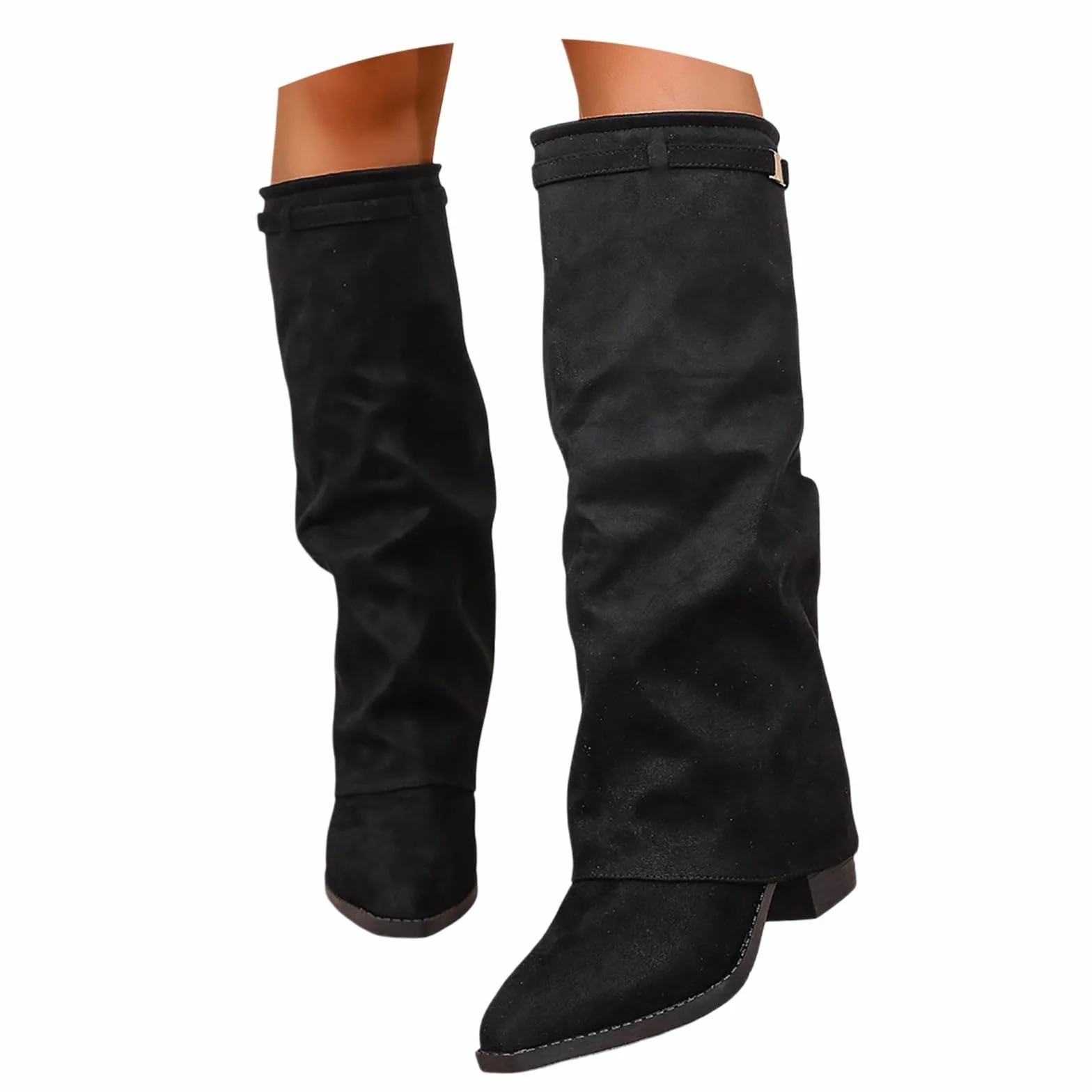 Bottes Cuissardes Mi-Hautes en Suédine pour Femme Bout Pointu Confortable Cuir Mollet Large Hiver