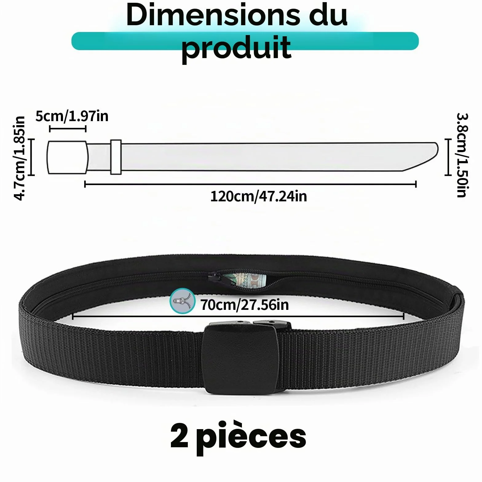 Ceinture de Voyage Porte-Monnaie avec Pochette Secrète, Cache Billets, Noir