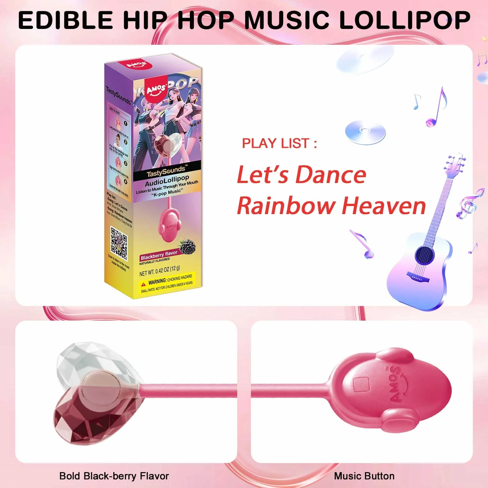 AMOS Musicales Sucette Bonbon Lollipop, Black-berry Mûre Pastèque Audio Sucettes, Saint Valentin Fête Sucettes Gift, Individuel Emballés Bonbon Sans Sucre Candy Parfait Pour Fête