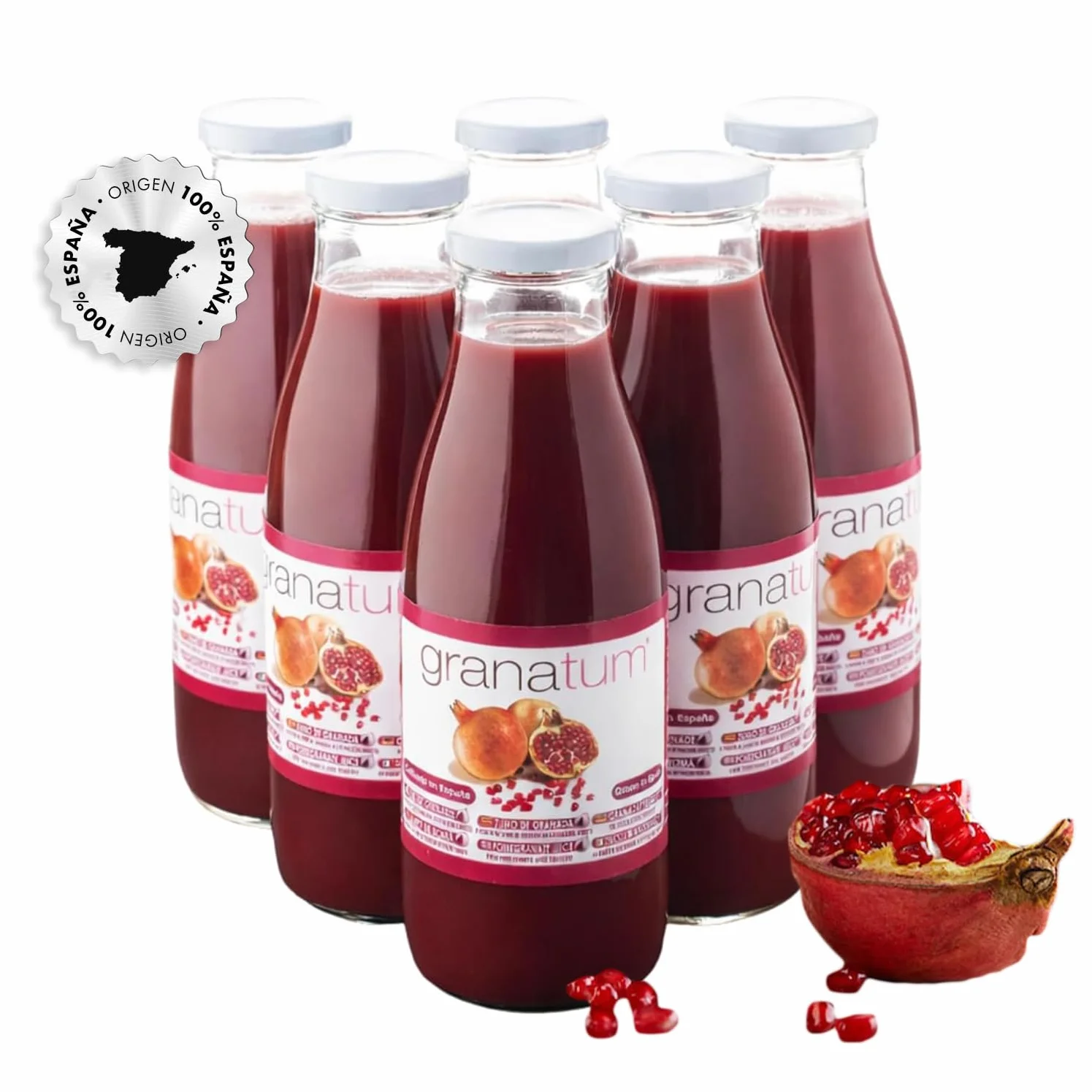 Granatum Plus - Lot de 6 bouteilles de jus de grenade naturel (750 ml), 100 % pressé, riche en polyphénols méditerranéens, sans sucre ajouté, sans colorants ni conservateurs
