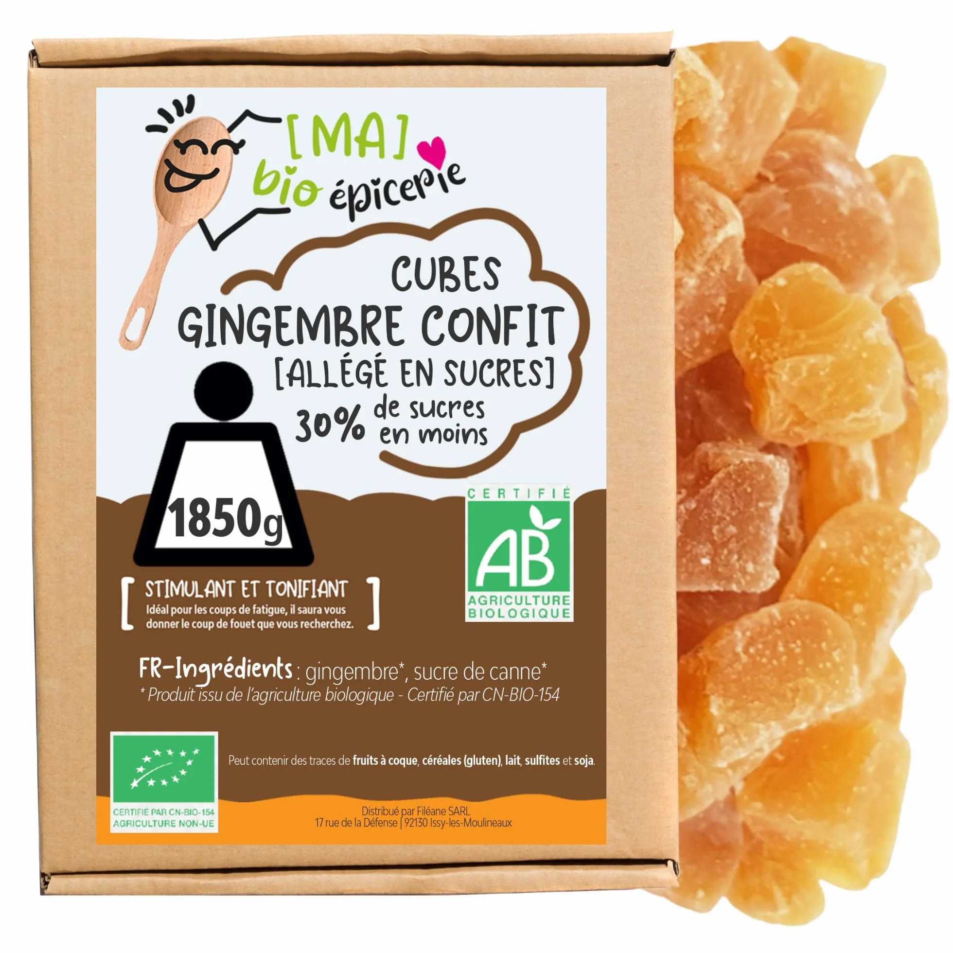 Gingembre confit allégé en sucre BIO en cube 1,85 kg sachet vrac fruit confit sans conservateur