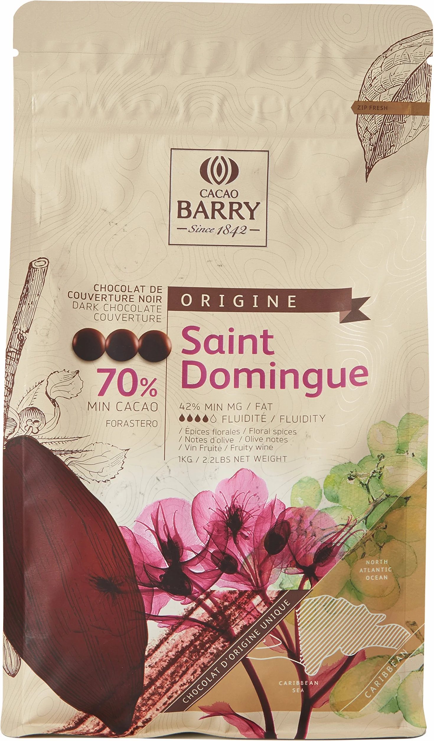 CACAO BARRY CHD-Q70SDO-2B-U73 - 70% Min Cacao Chocolat Saint Domingue Pistoles 1 kg