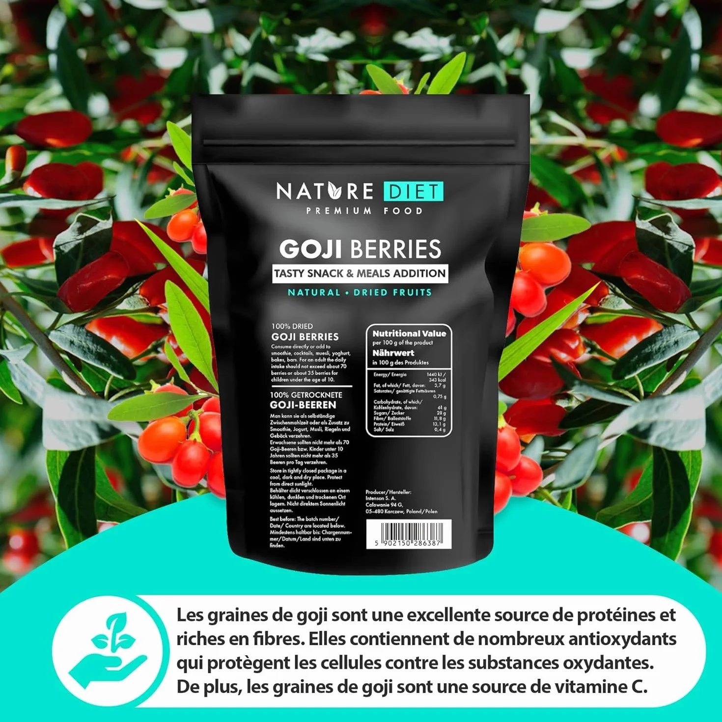 Nature Diet Baies de Goji | 500 g | Riches en Fibres & Protéines | Vegan, Sans Gluten & Sans Lactose | Non OGM | Idéal pour Snacks, Smoothies & Pâtisserie