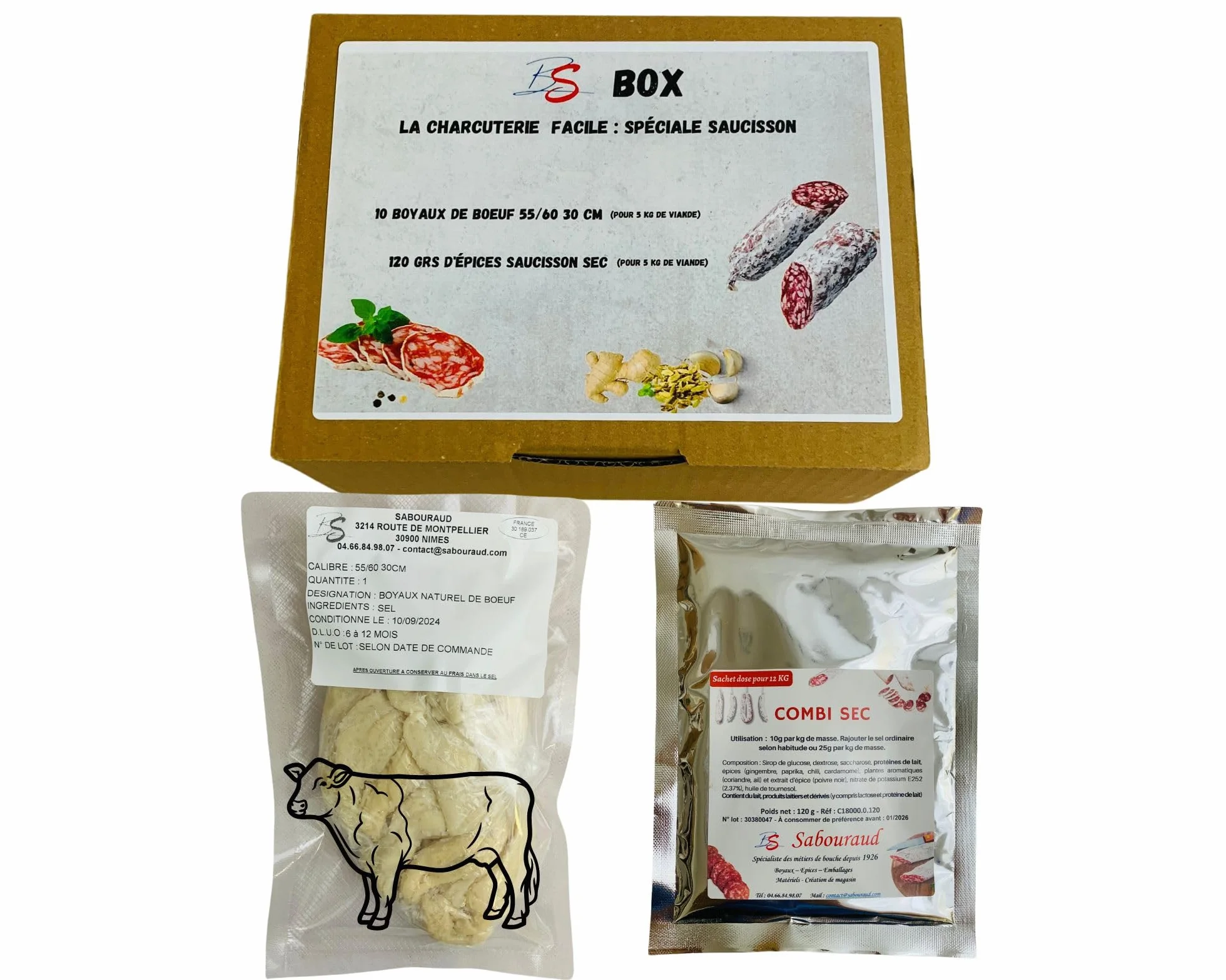 BS BOX, la charcuterie facile Spéciale saucisson, 1 épice combi sec 120 gr, 10 boyaux gros de boeuf 55/60 30 cm pour 10 saucissons de 500 gr environ