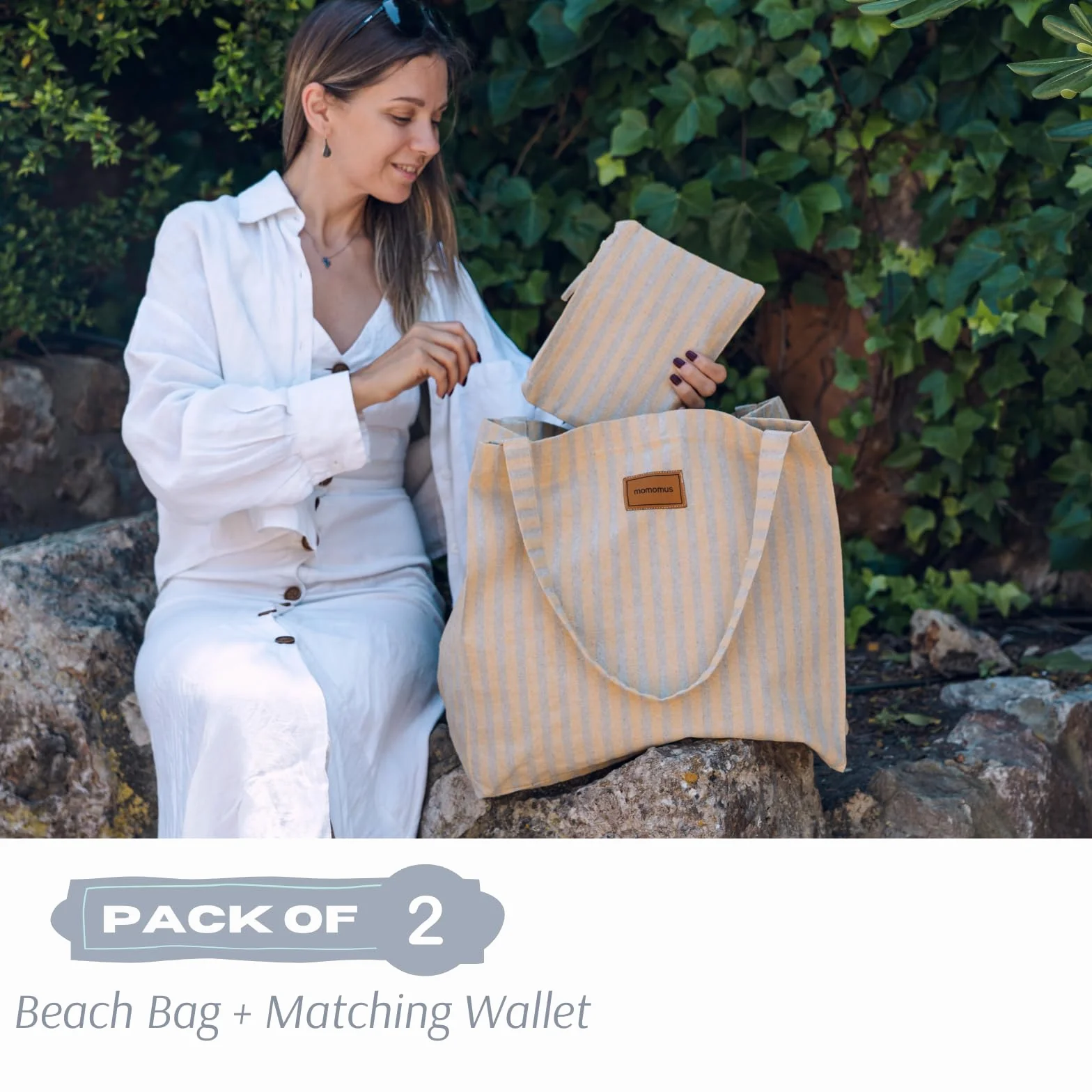 MOMOMUS Grand Sac de Plage Femme 100% Coton Recyclé Pochette Assortie Léger 60x40 cm