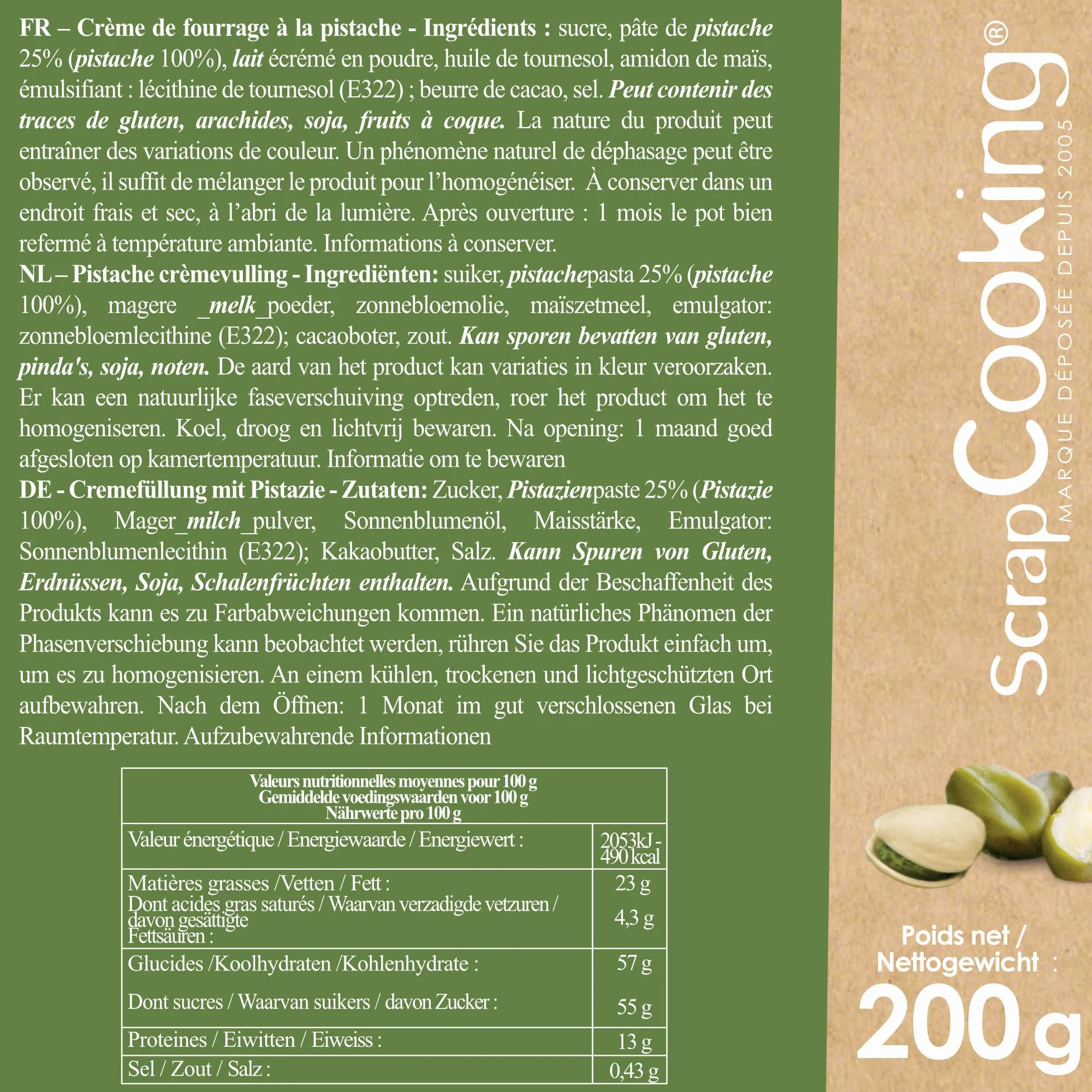 ScrapCooking - Pâte de Fourrage Crémeux Pistache 200 g - Pour Fourrer Tablettes, Éclairs, Macarons, Gâteaux, Bûches de Noël, Cookies, Cheesecakes & Pâtisseries - 4638