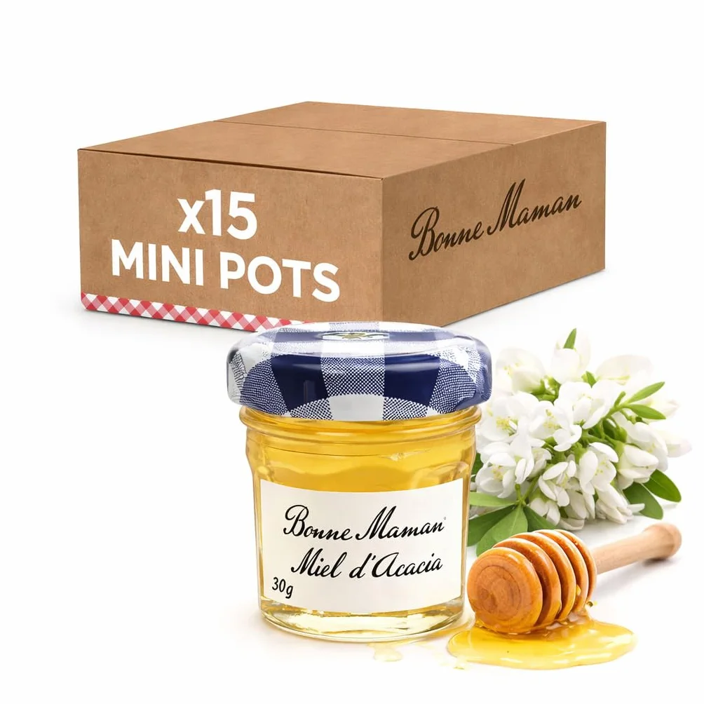 Bonne Maman Miel d'Acacia Mini Pots 30g x15 – Coffret de Miel Naturel Français – Portions Individuelles pour Petit Déjeuner, Hôtels, Brunch et Cadeaux Gourmands