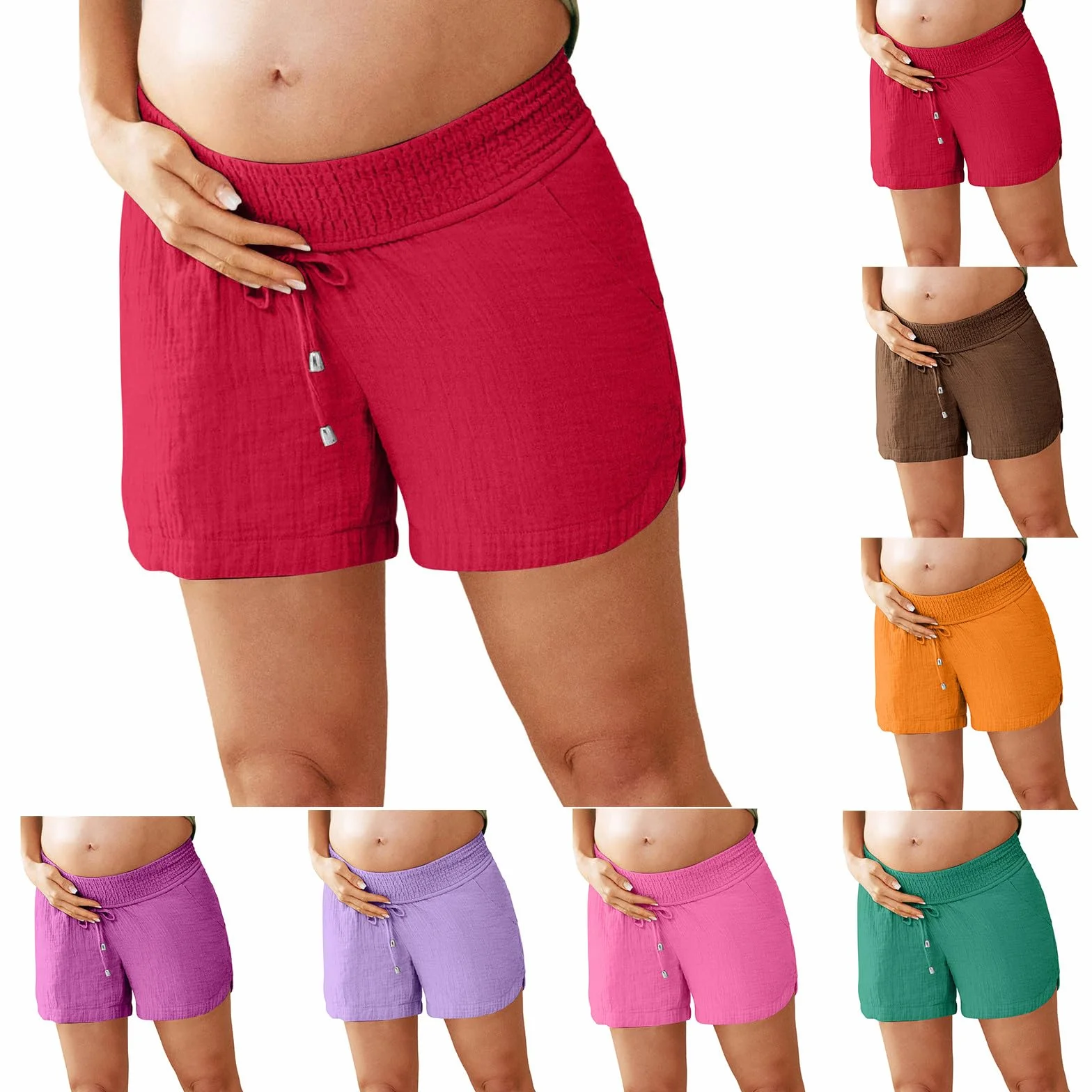 Short de grossesse en coton et lin pantalon maternité taille élastique poches