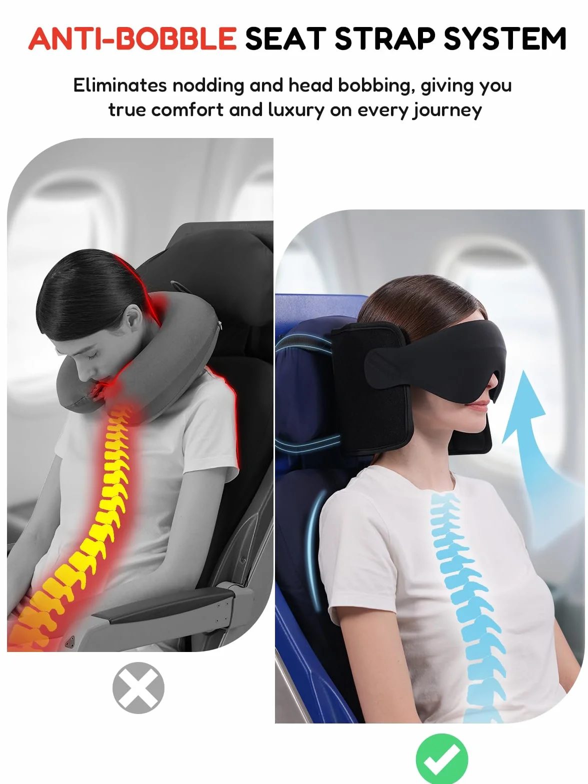 Oreiller de Voyage avec Sangle et Masque 3D Maintien Tête 360° Anti-Basculement Noir