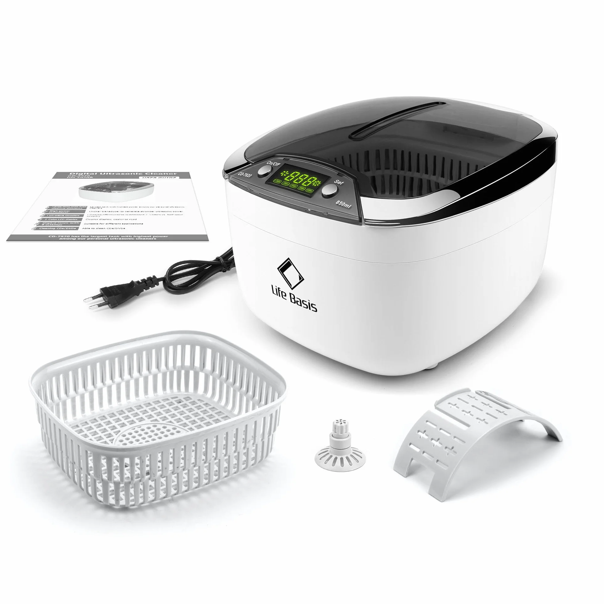 LifeBasis Nettoyeur Ultrasons 850ML 42kHz Professionnel, Bac Acier Inox, Écran LED, 5 Modes